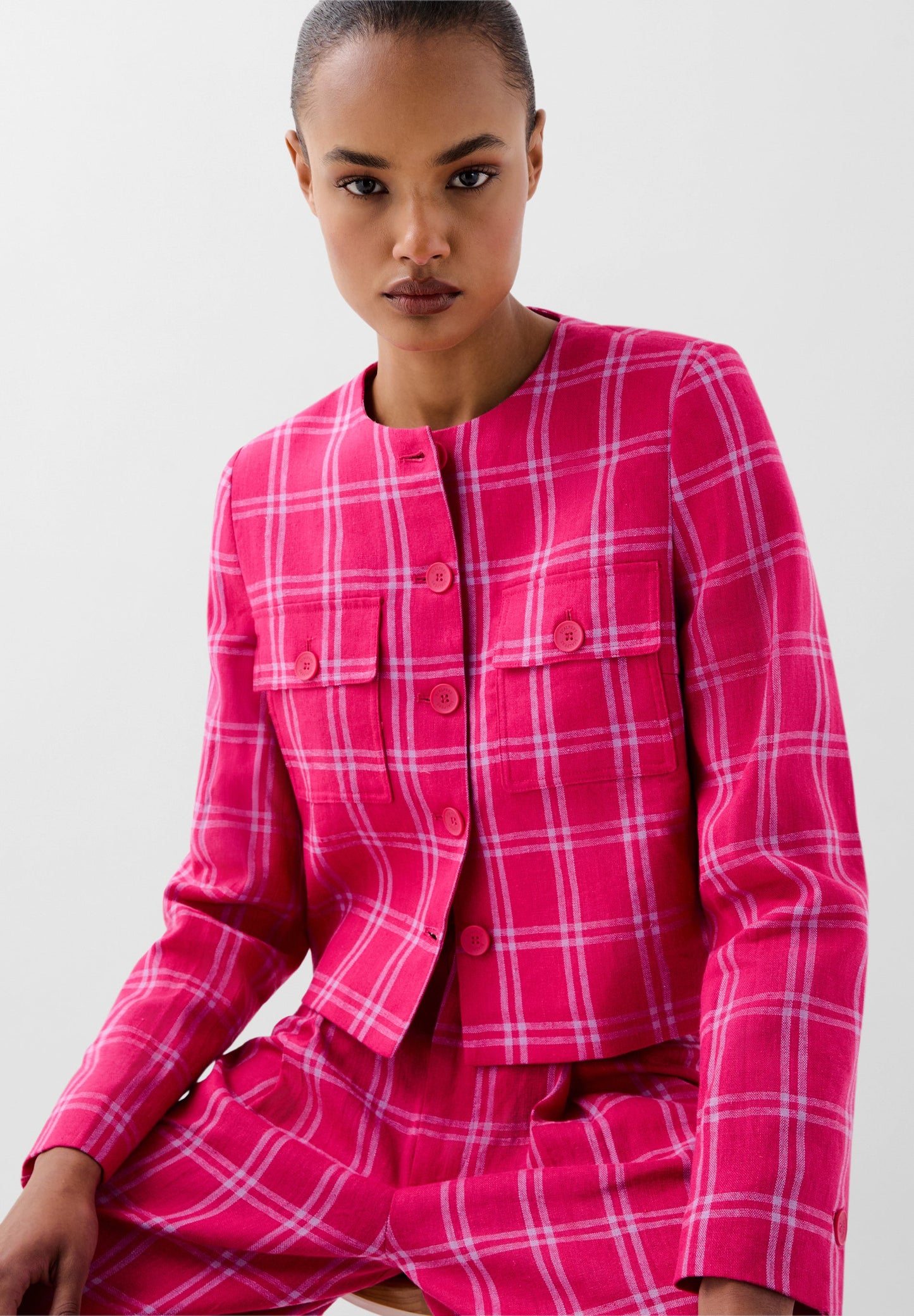 LINEN CROPPED CHECK CARDIGAN