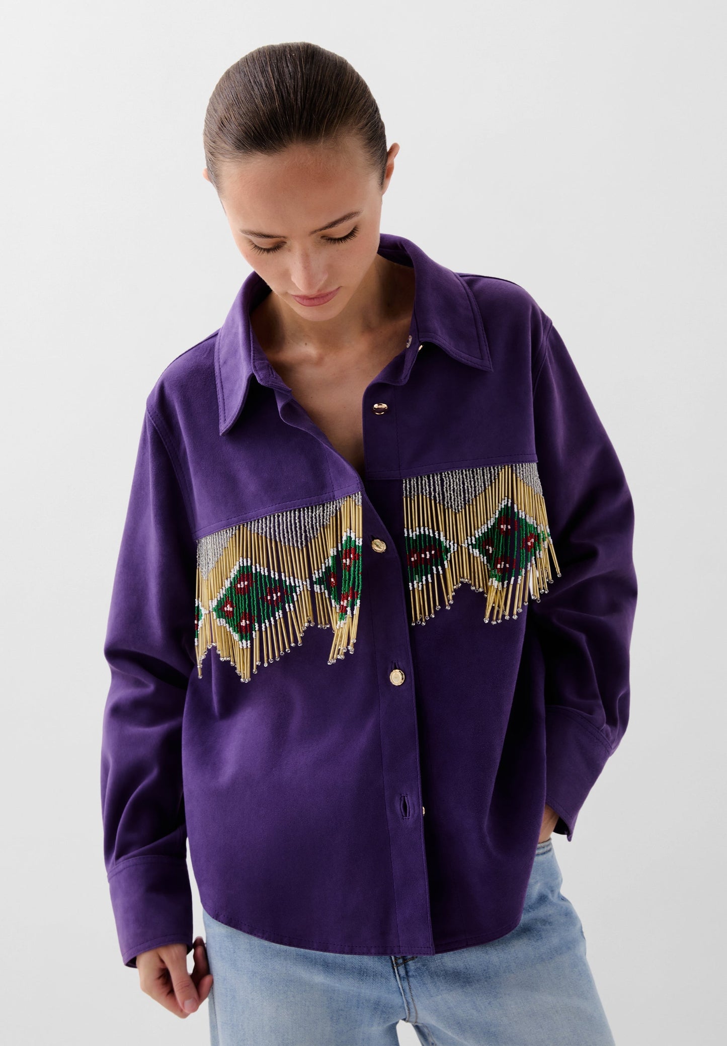 FRINGED SUEDE SHIRT WITH BEADS