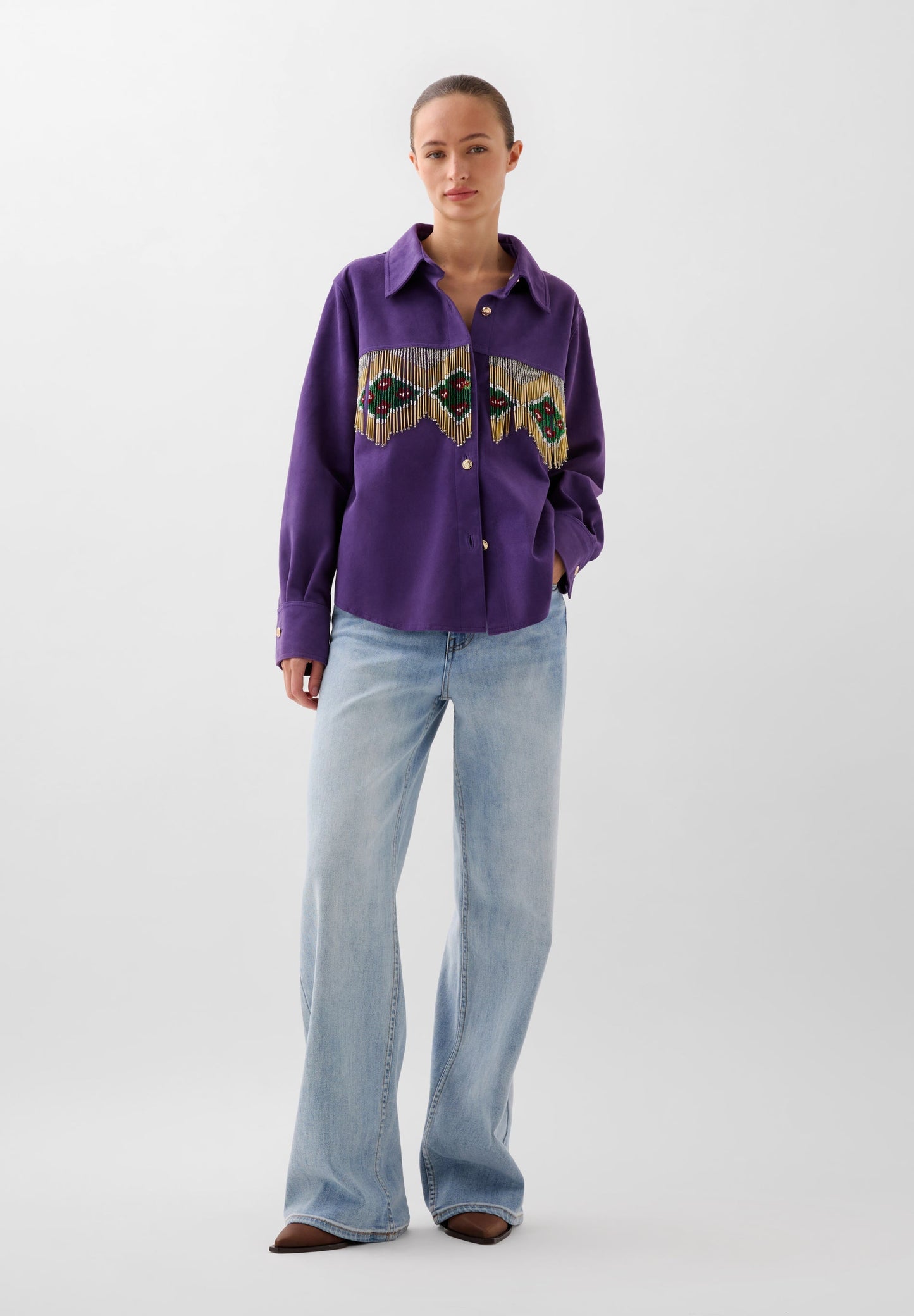 FRINGED SUEDE SHIRT WITH BEADS
