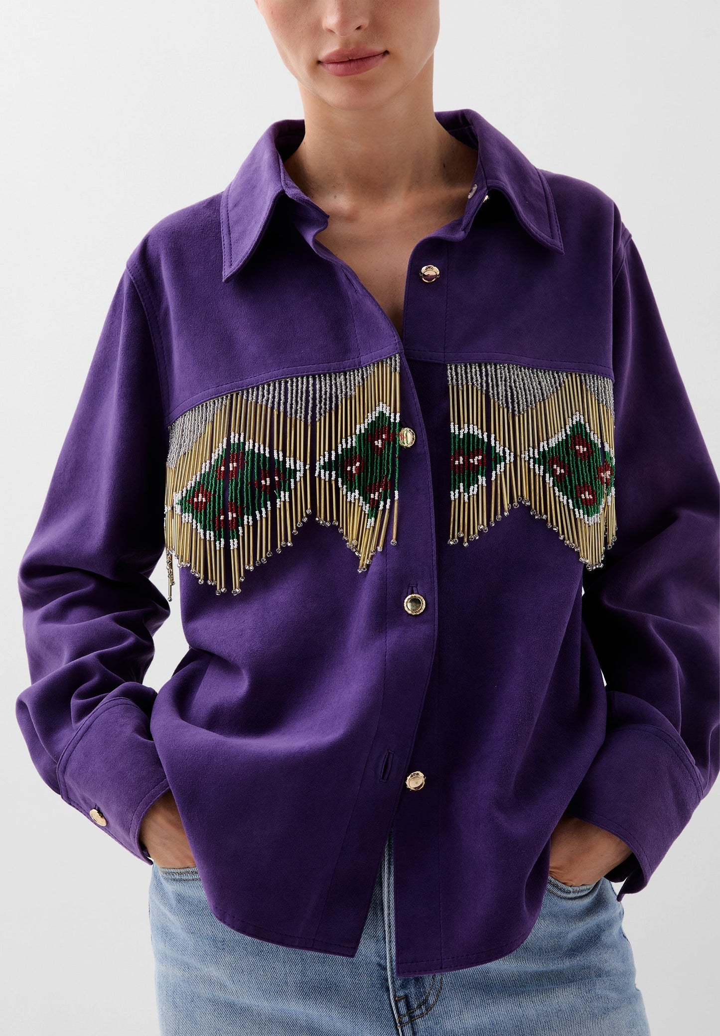 FRINGED SUEDE SHIRT WITH BEADS