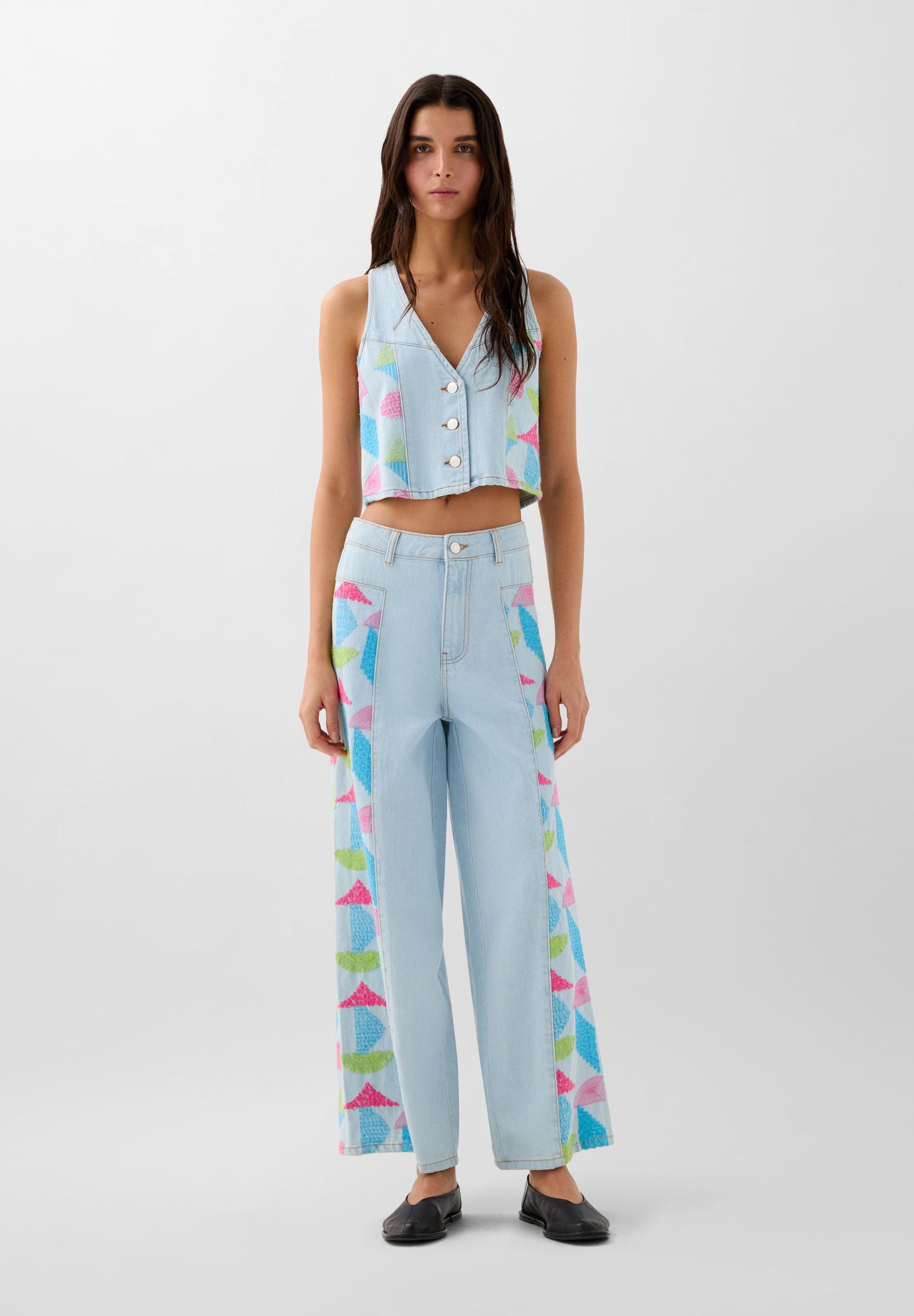 THREE-COLOURED EMBROIDERED DENIM WAISTCOAT