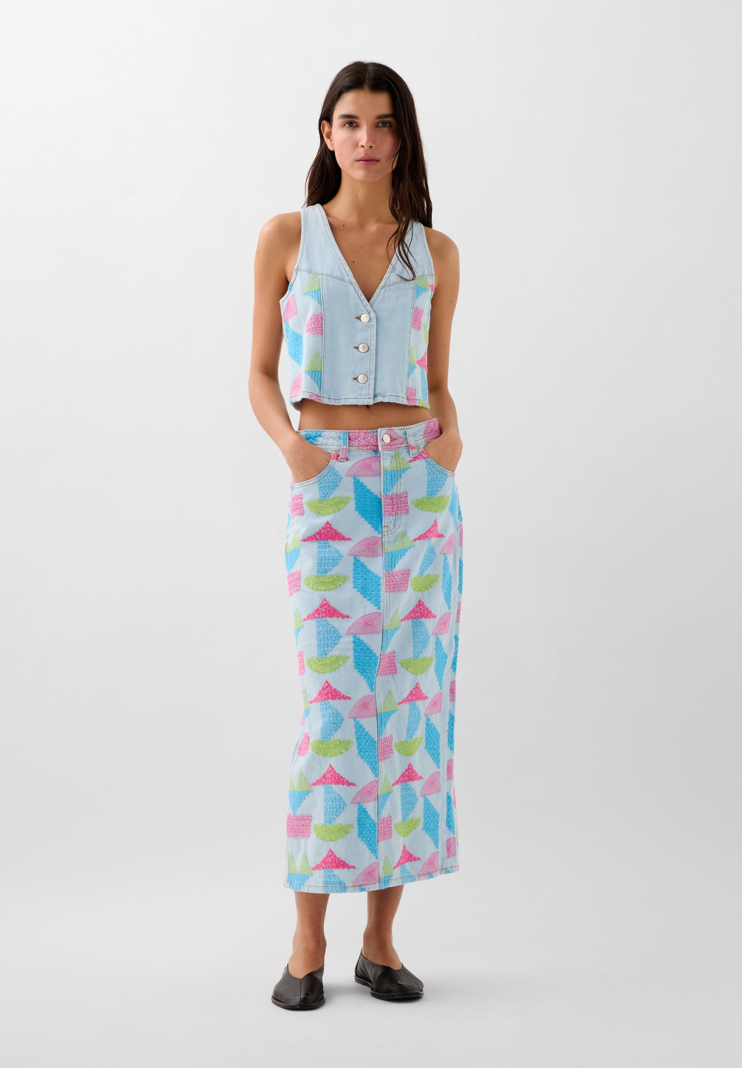 THREE-COLOURED EMBROIDERED DENIM WAISTCOAT