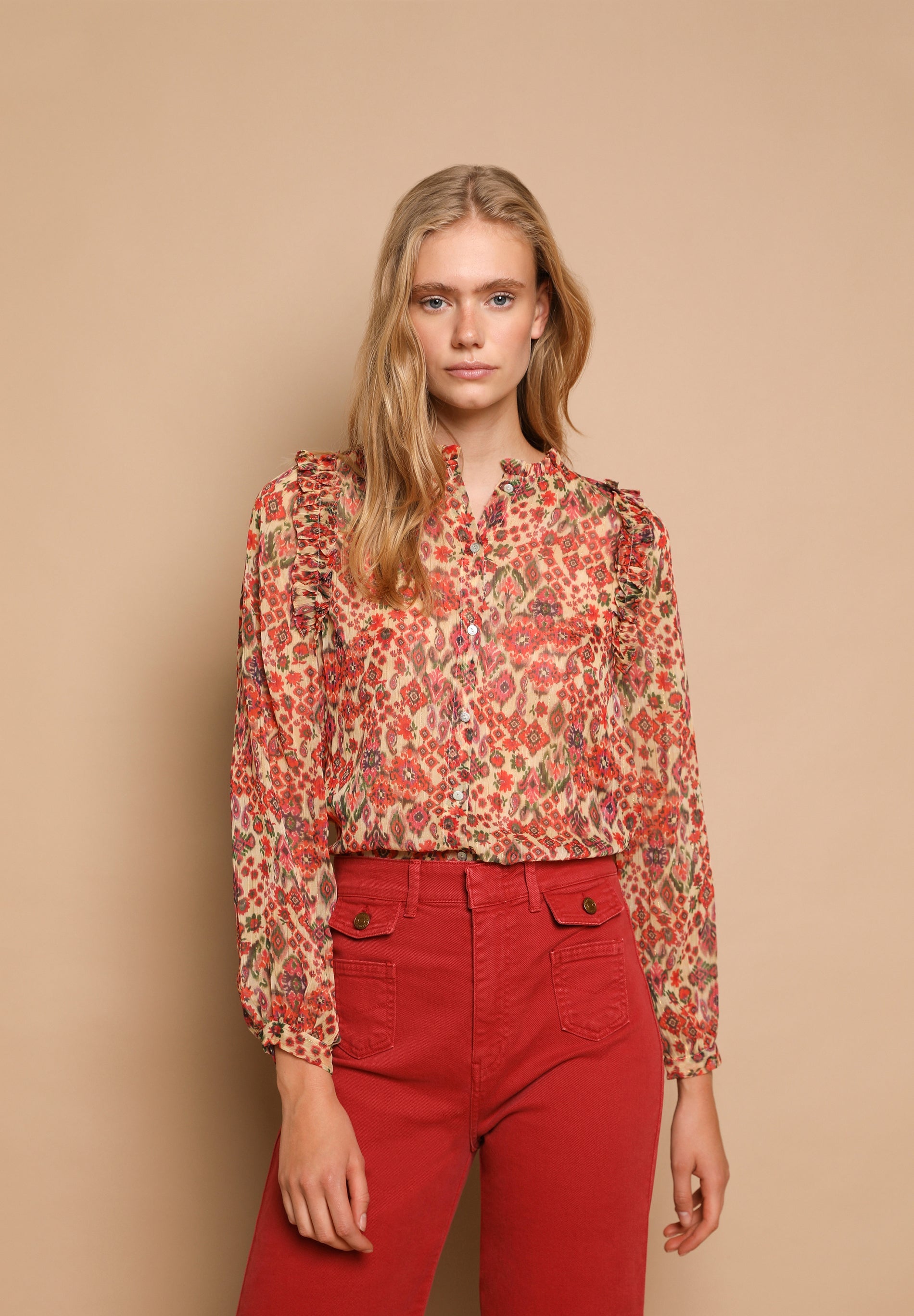 PRINTED BLOUSE WITH RUFFLES
