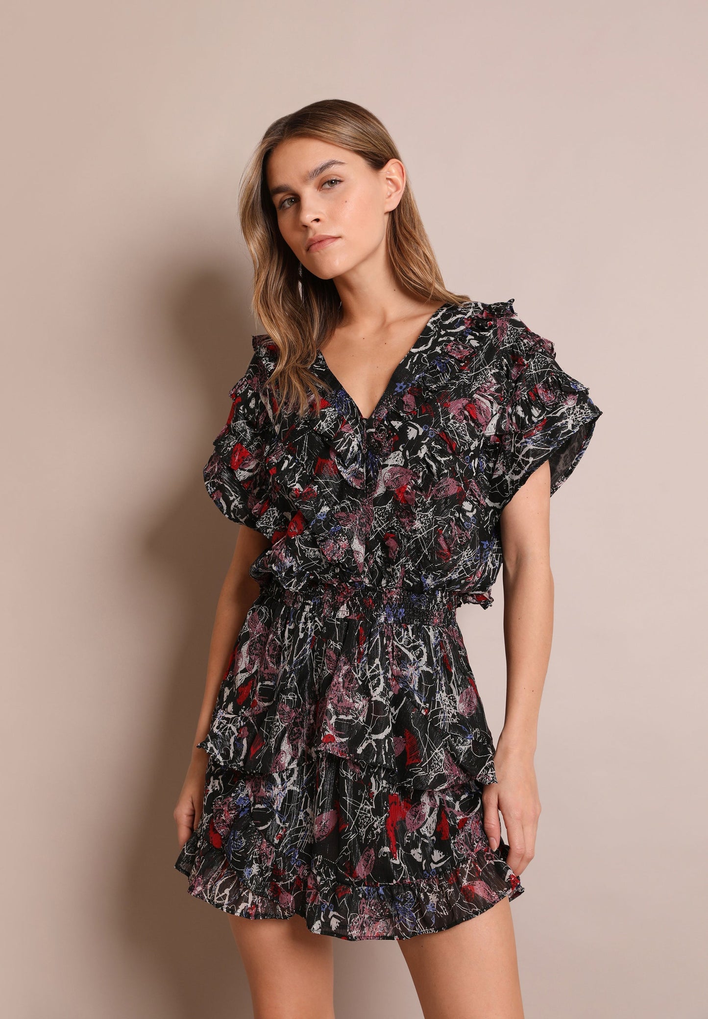 PRINTED METALLIC MINI DRESS