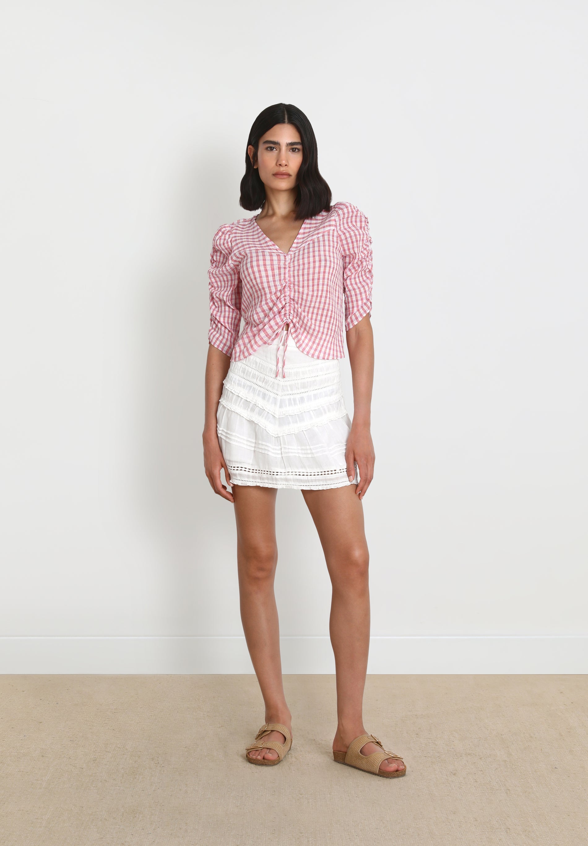 GINGHAM BLOUSE WITH RUCHED SLEEVES