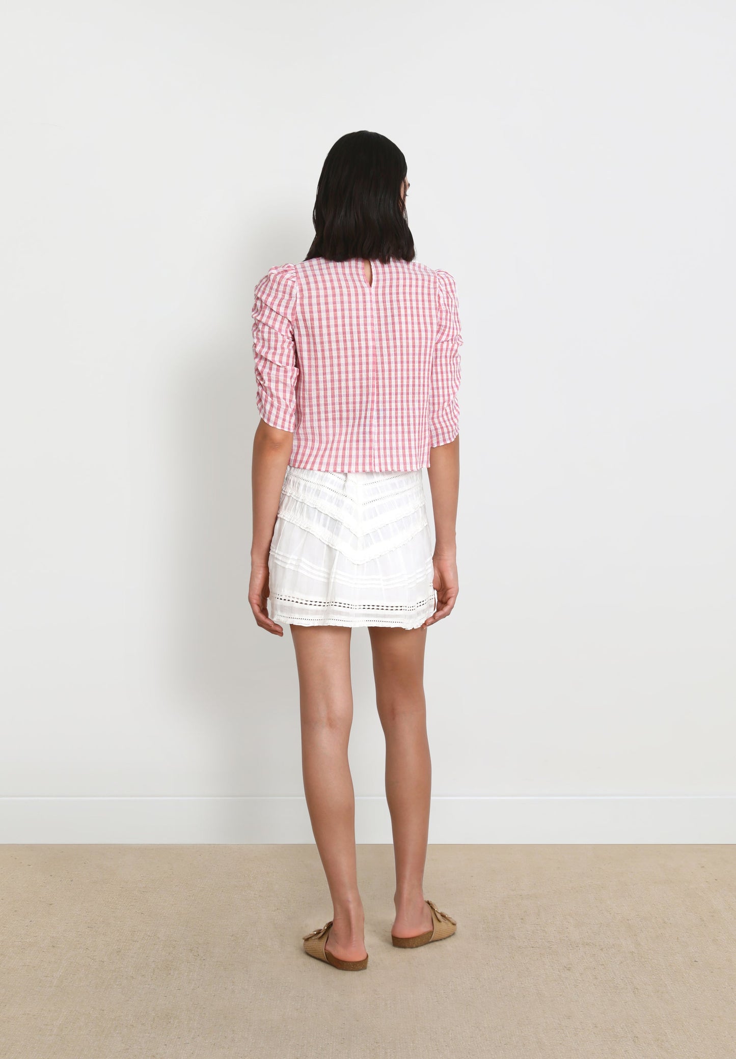 GINGHAM BLOUSE WITH RUCHED SLEEVES