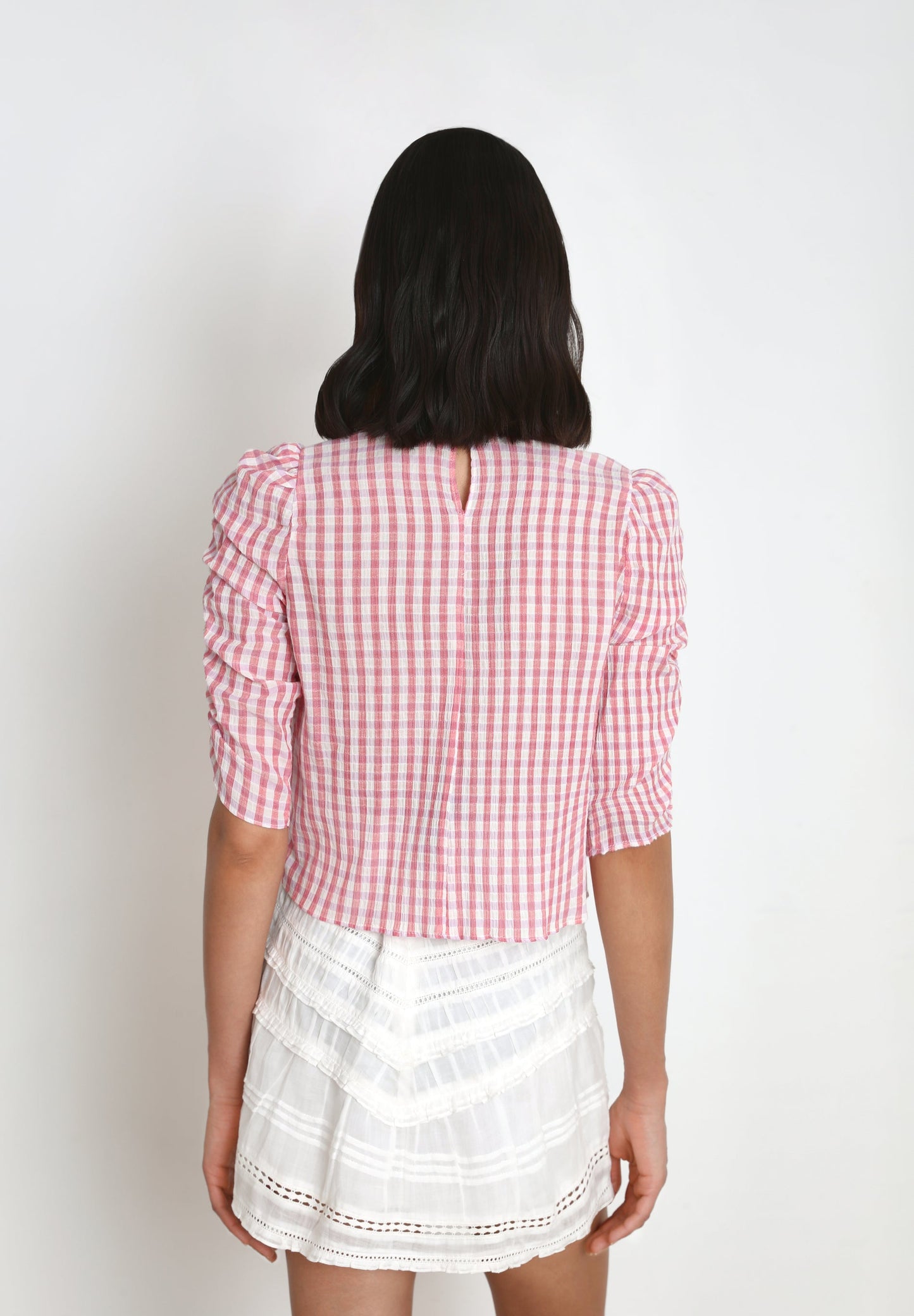 GINGHAM BLOUSE WITH RUCHED SLEEVES