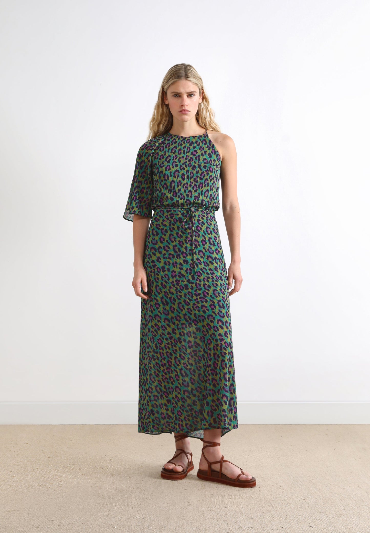 LONG ANIMAL PRINT ASYMMETRIC DRESS