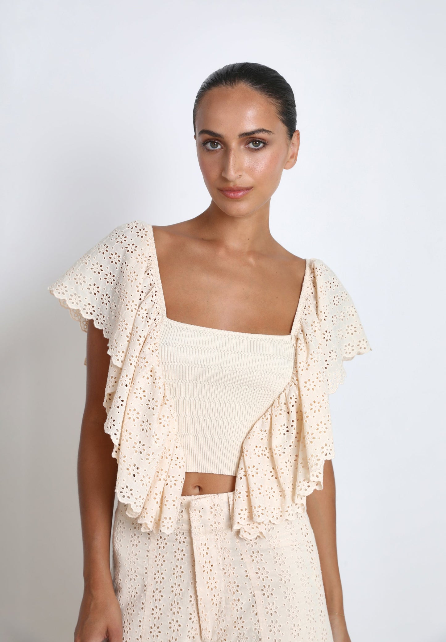 KNIT TOP WITH BRODERIE ANGLAISE SLEEVES