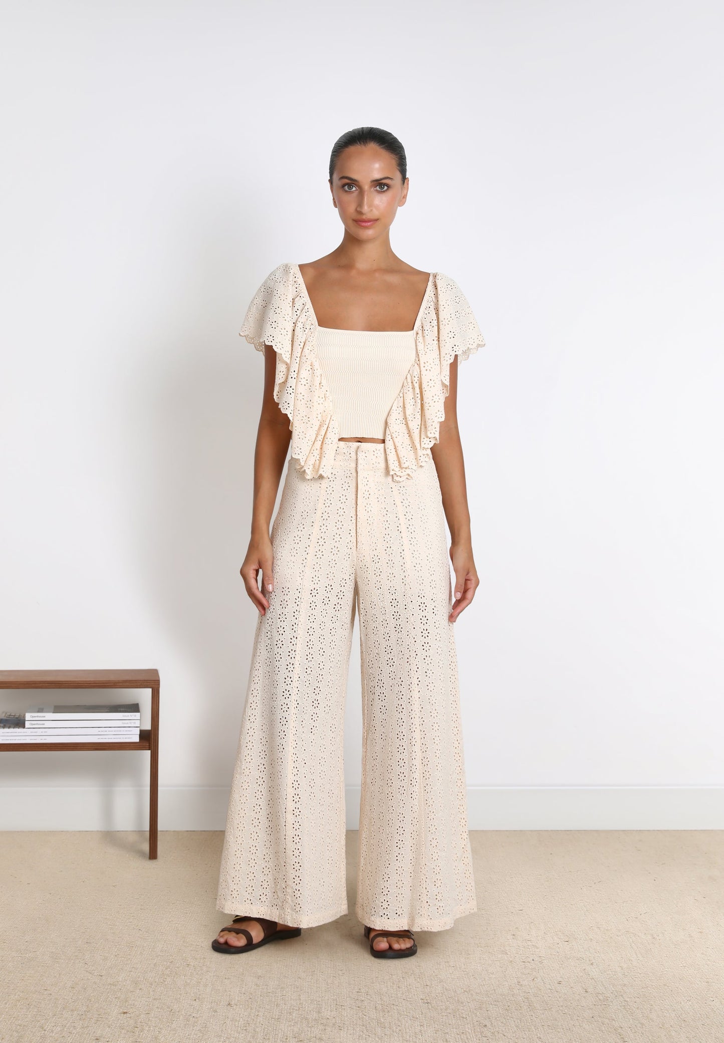 KNIT TOP WITH BRODERIE ANGLAISE SLEEVES