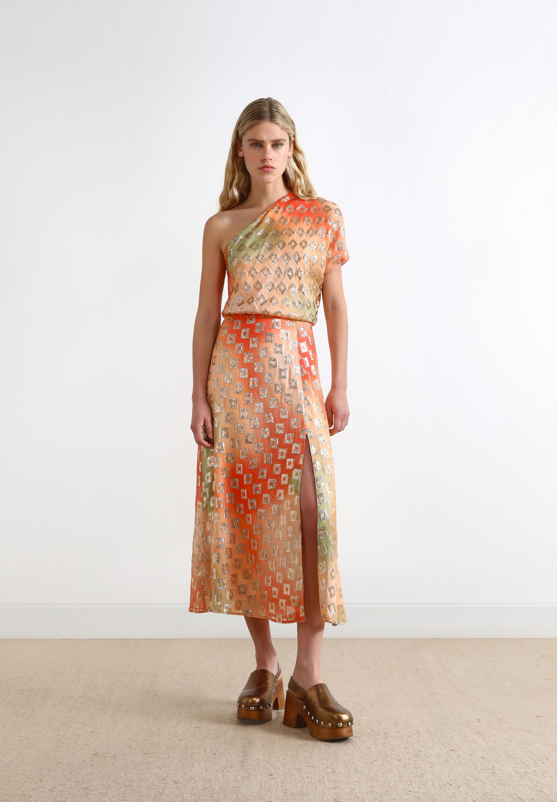 PRINTED METALLIC ASYMMETRIC DRESS