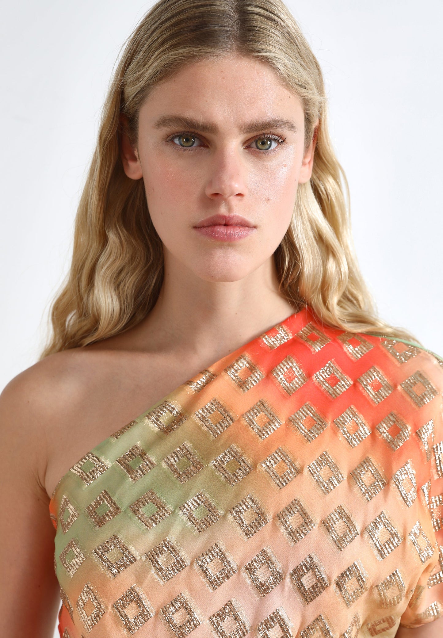 PRINTED METALLIC ASYMMETRIC DRESS