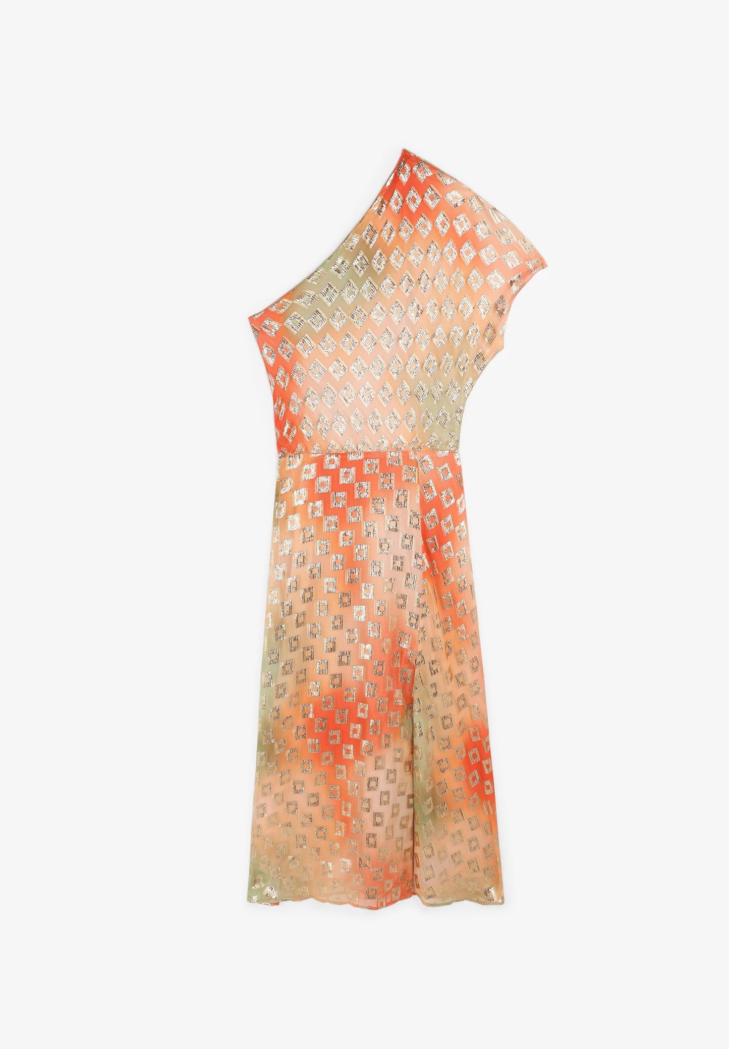PRINTED METALLIC ASYMMETRIC DRESS