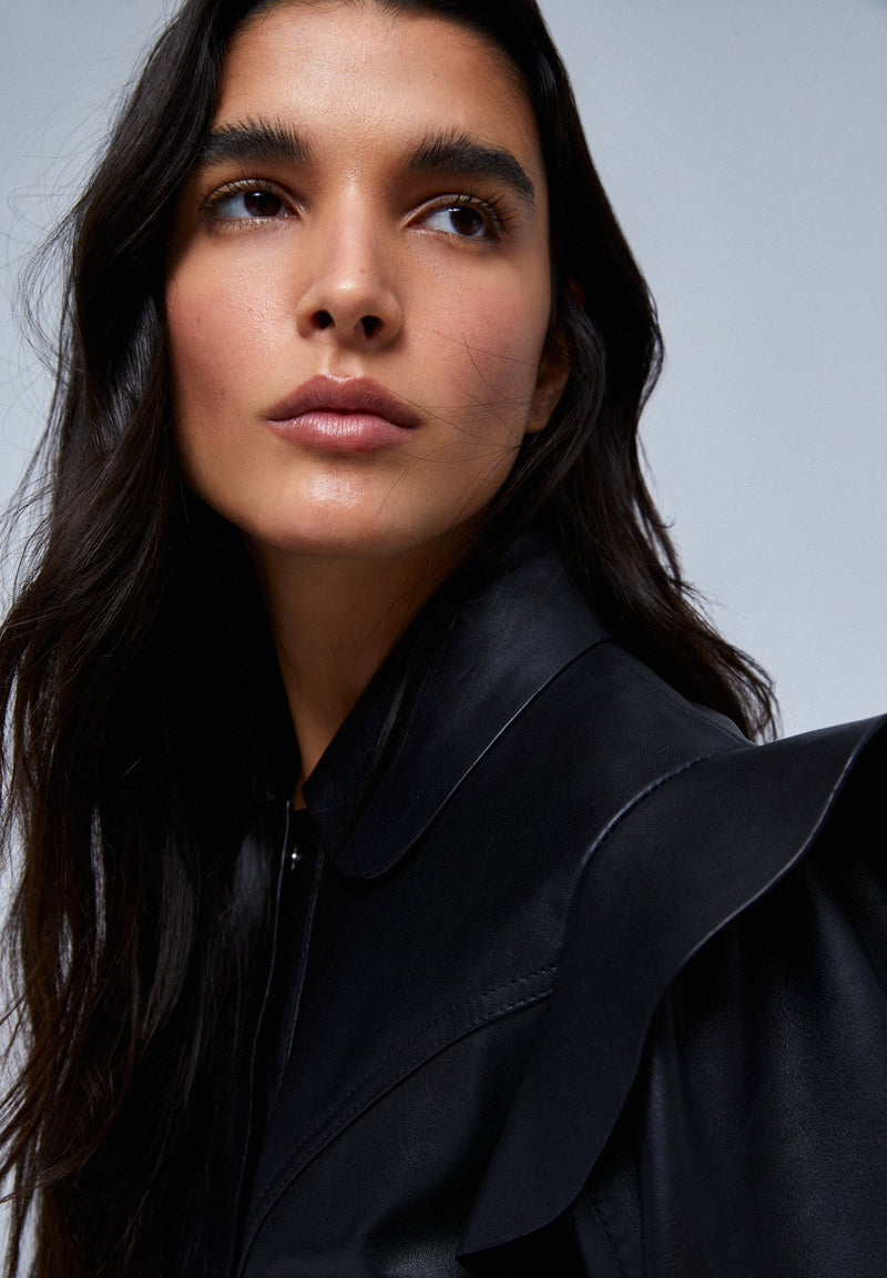 LEATHER JACKET WITH SHOULDER FRILL