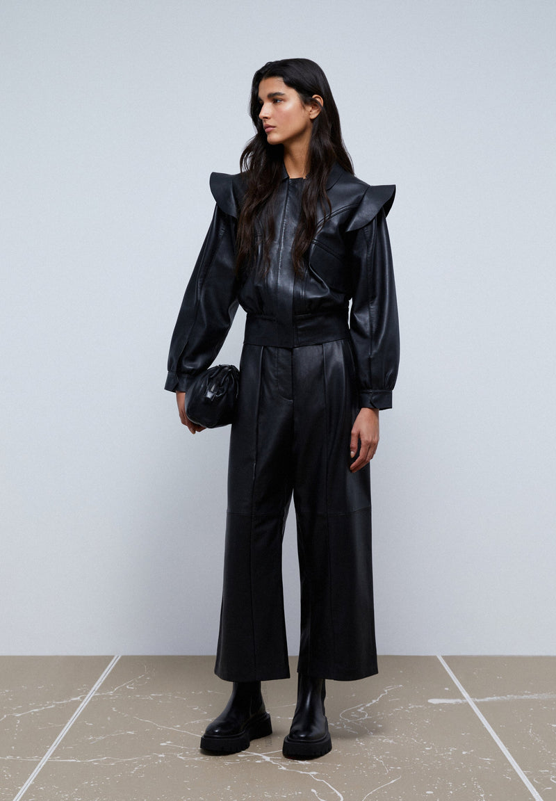LEATHER JACKET WITH SHOULDER FRILL