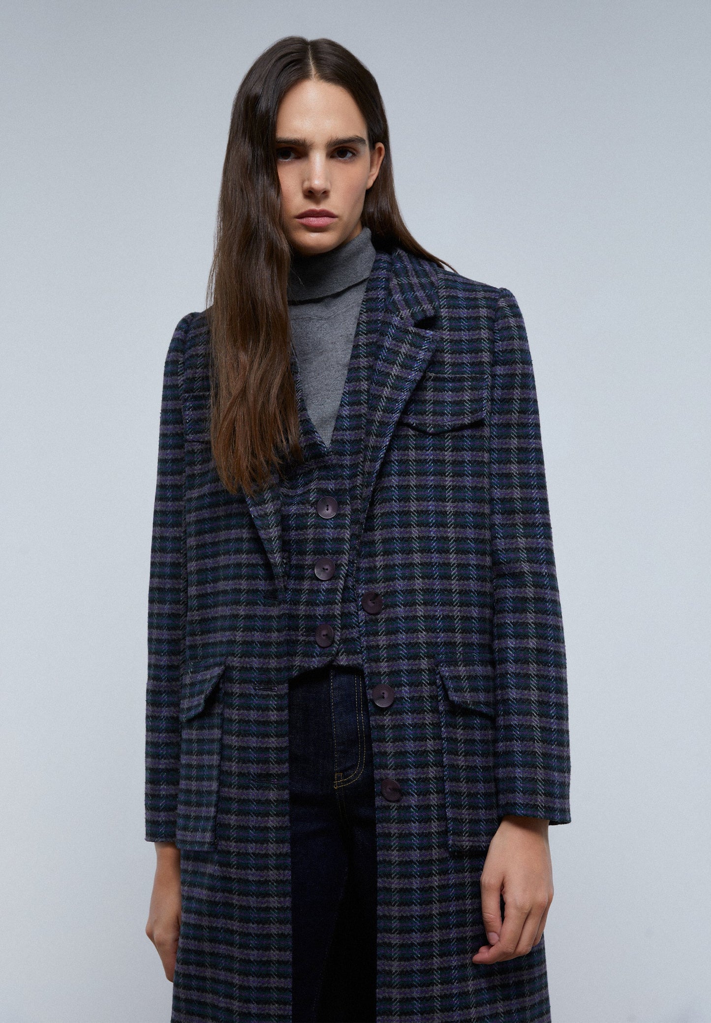 LONG CHECKED COAT WITH POCKETS