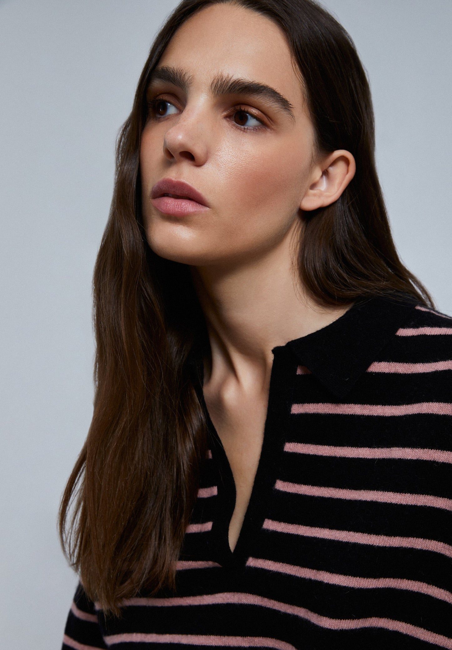 TWO-TONE STRIPE POLO SWEATER