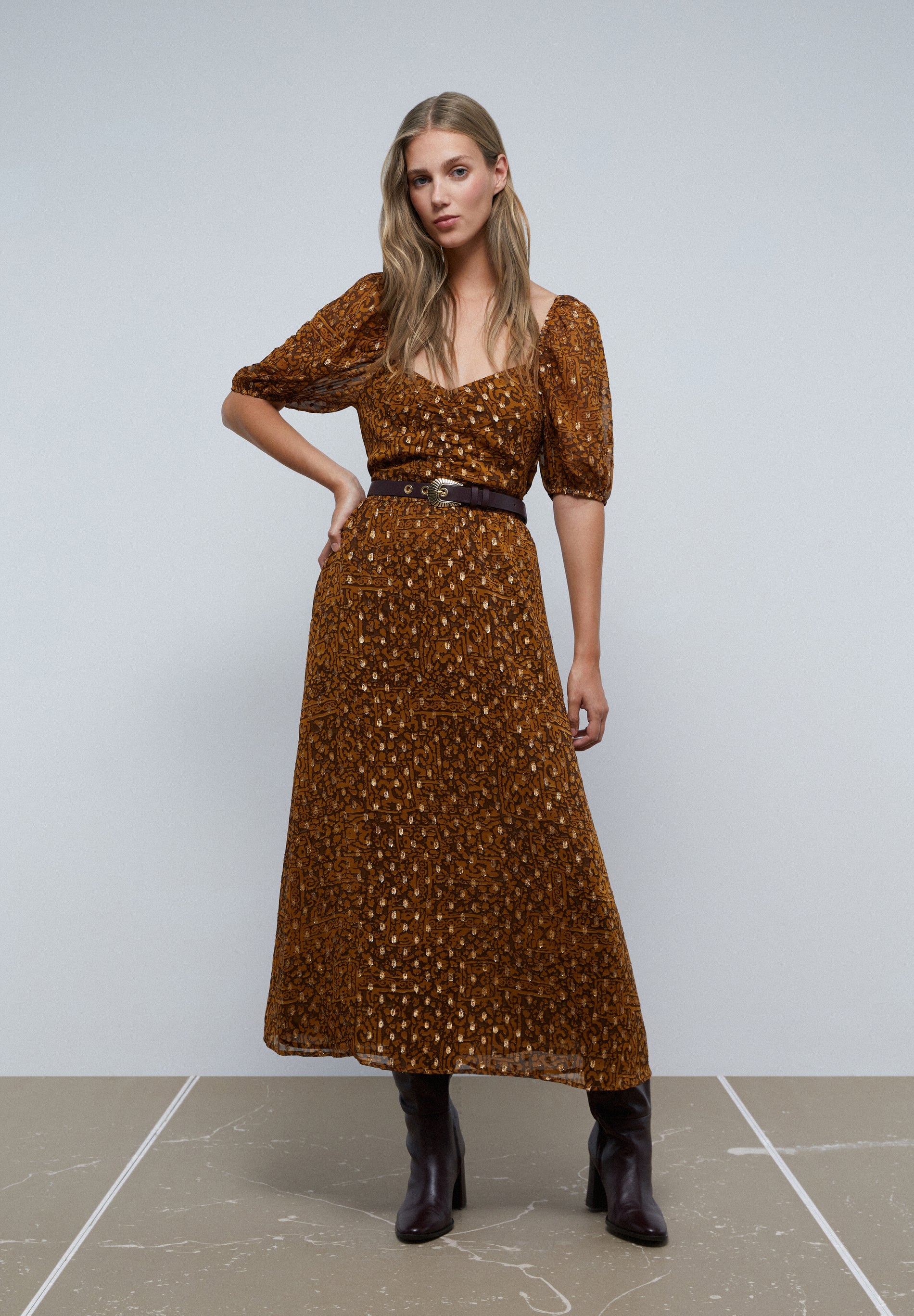 MIDI DRESS WITH SHIRRED CHEST DETAIL