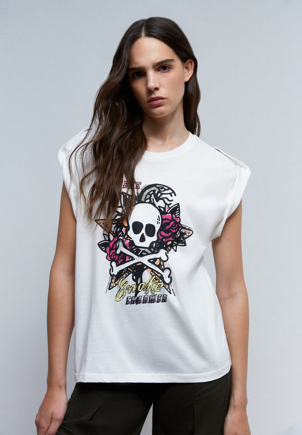 PRINT T-SHIRT WITH SLEEVE DETAIL