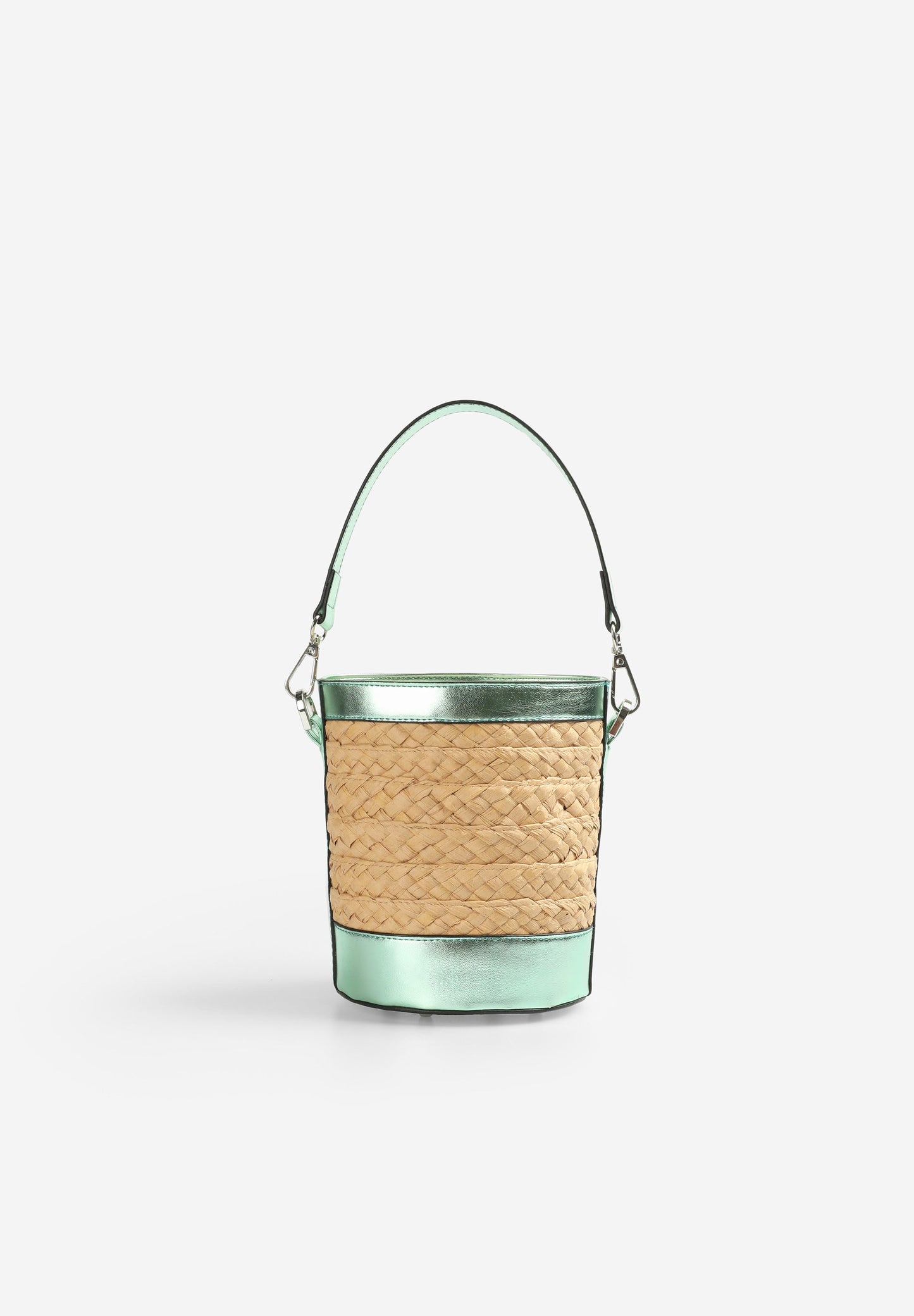 RAFFIA BUCKET BAG WITH METALLIC DETAIL