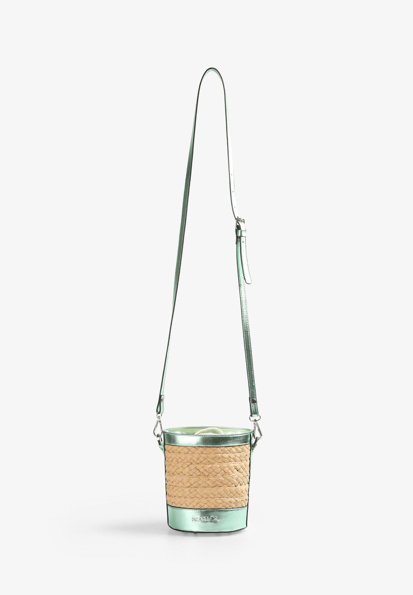 RAFFIA BUCKET BAG WITH METALLIC DETAIL