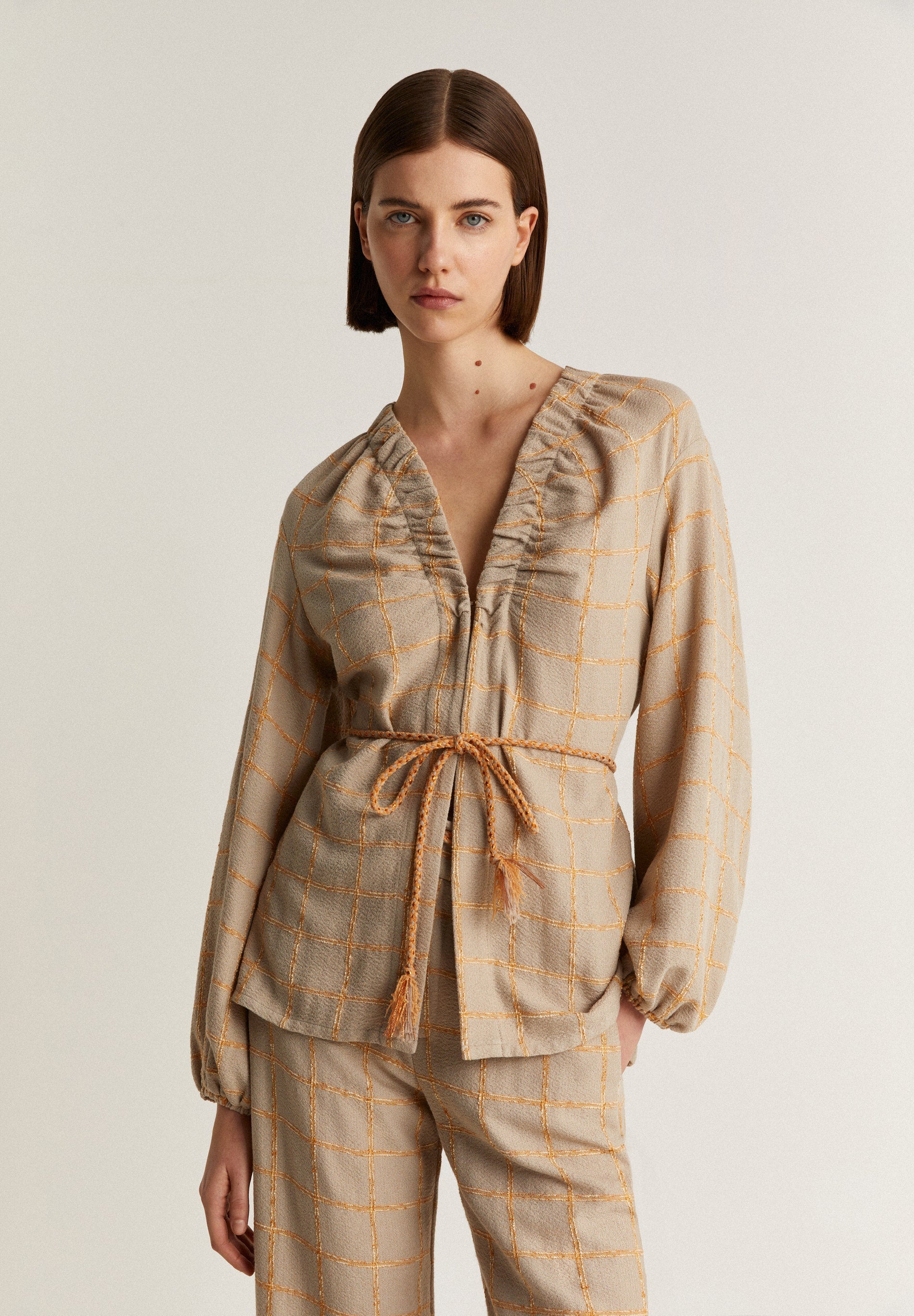 CHECK BLAZER WITH DRAWSTRING DETAIL