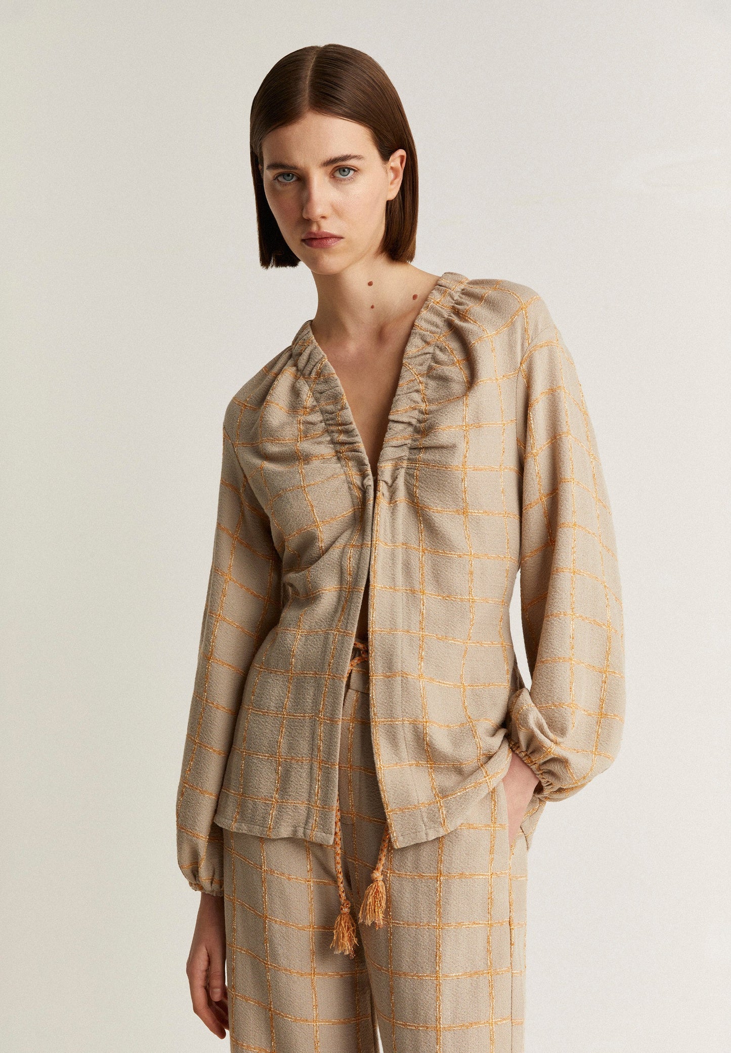 CHECK BLAZER WITH DRAWSTRING DETAIL