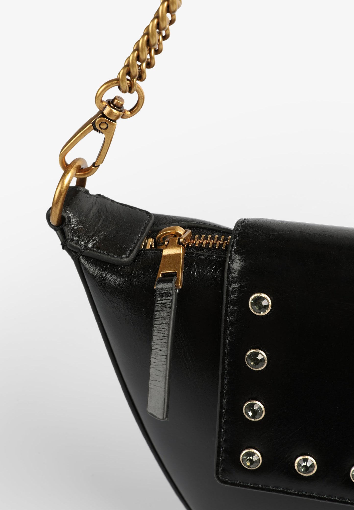 HALF-MOON LEATHER BAG WITH RHINESTONES