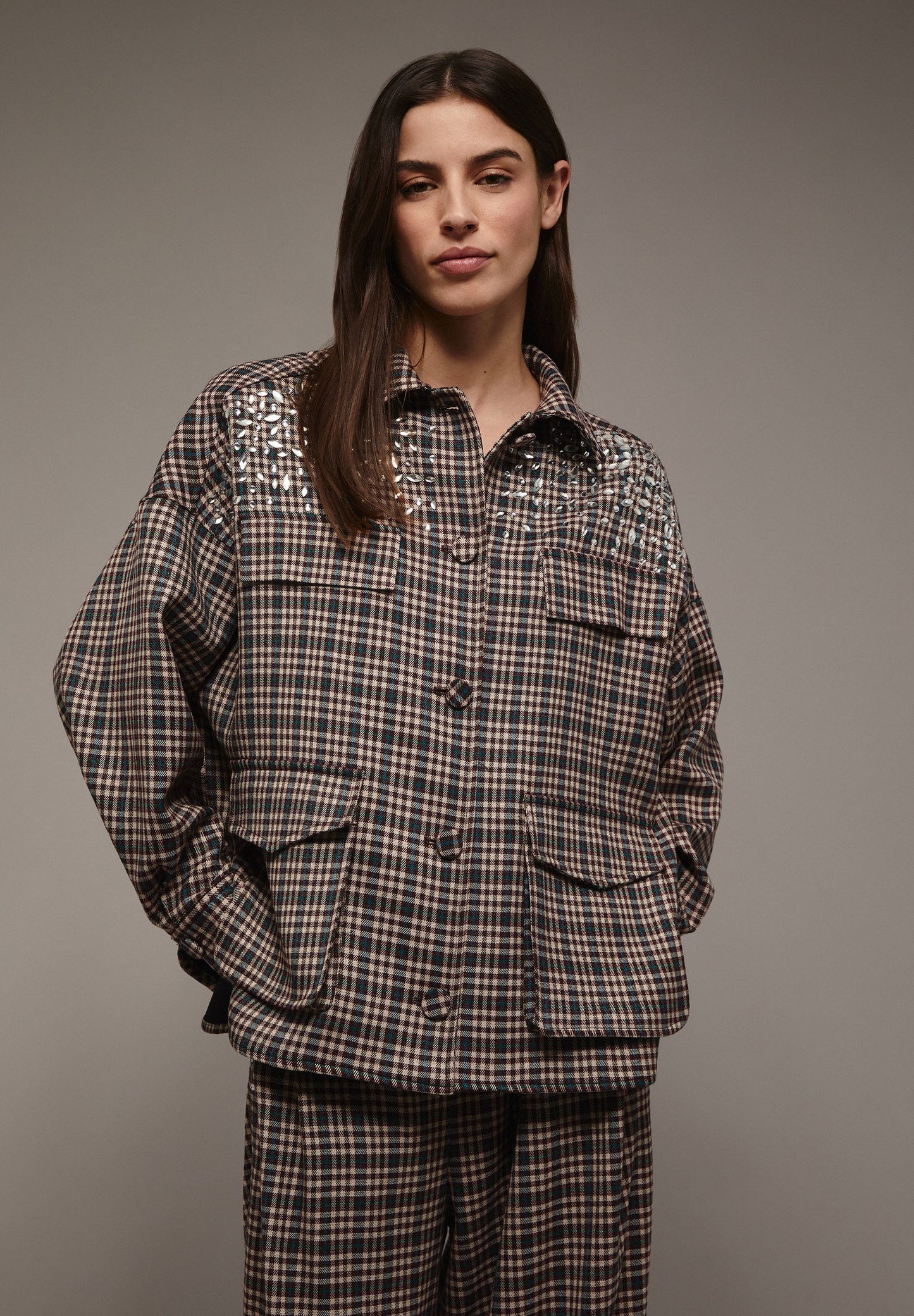 QUILTED CARDIGAN WITH GLASS ON THE POCKETS