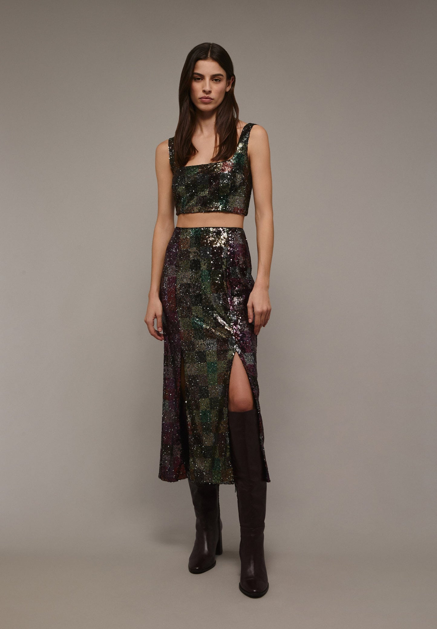 SEQUINNED MIDI SKIRT WITH SLITS