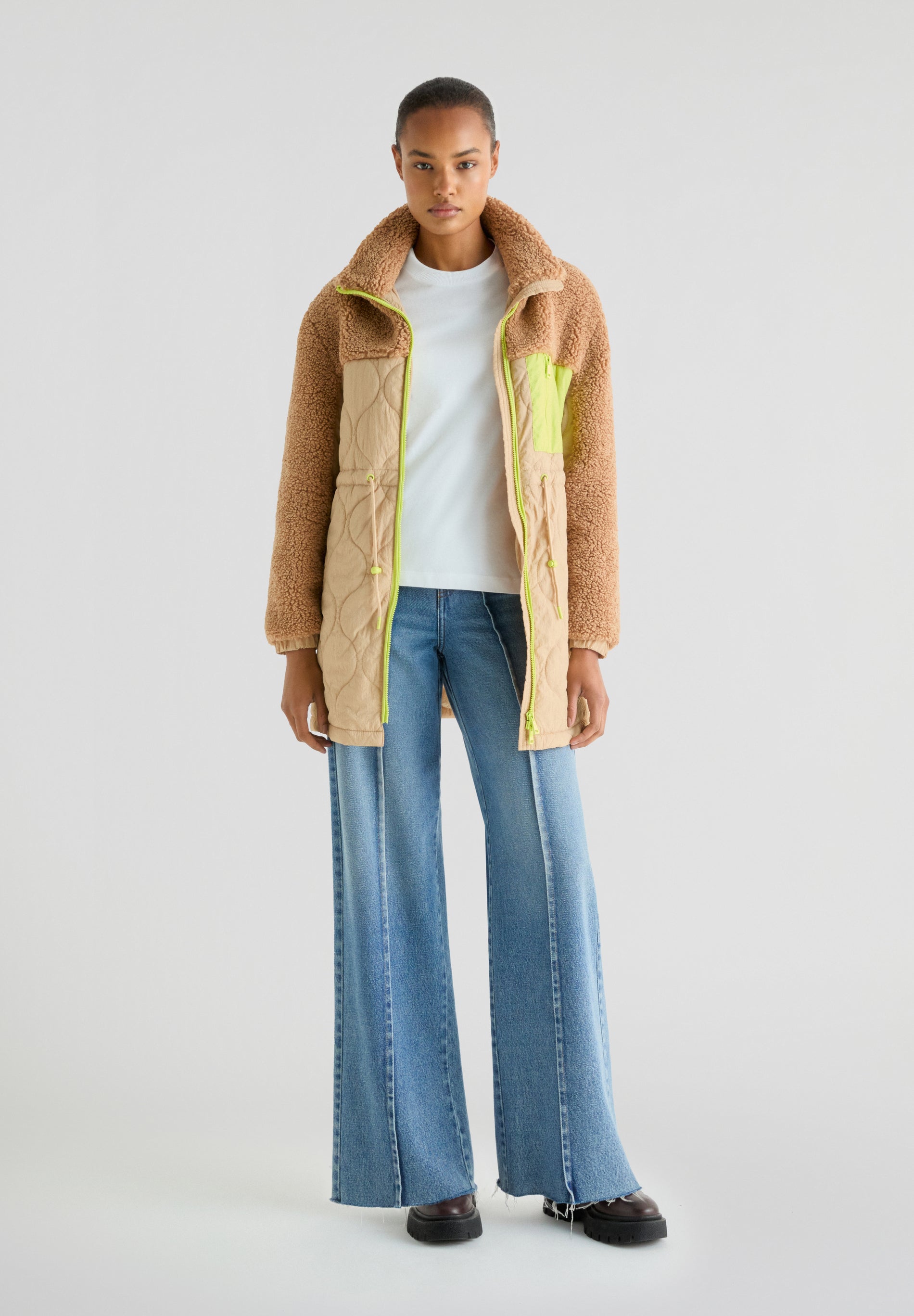 FLEECE PUFFER COAT WITH NEON DETAIL