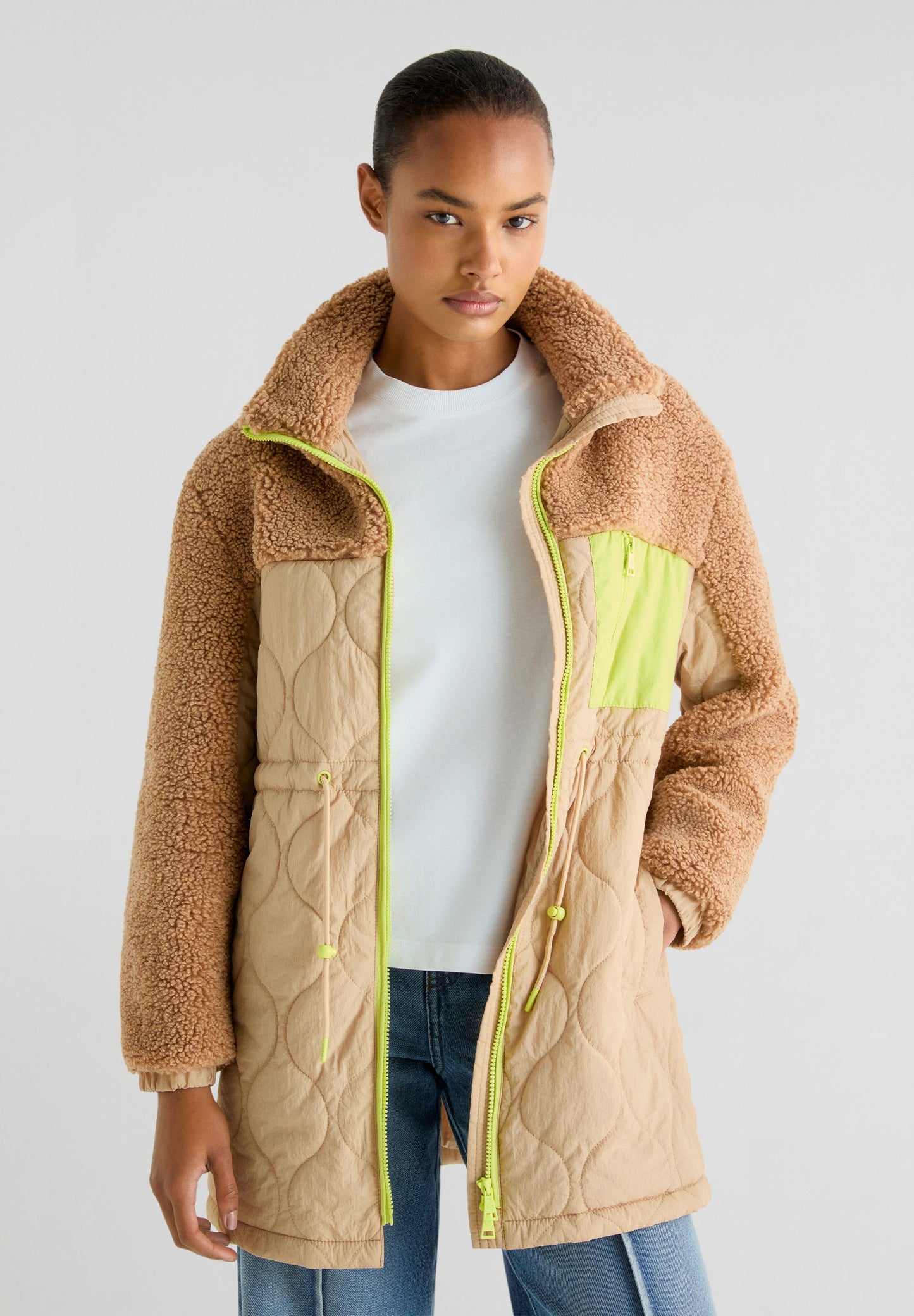 FLEECE PUFFER COAT WITH NEON DETAIL