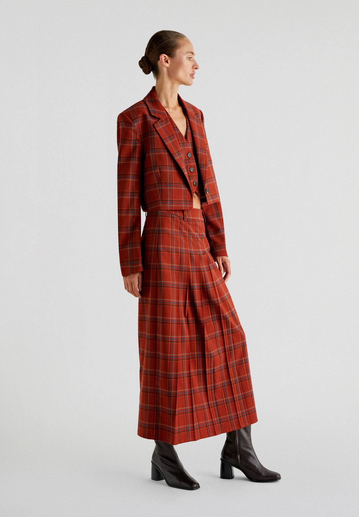 PLEATED CHECKED MIDI SKIRT