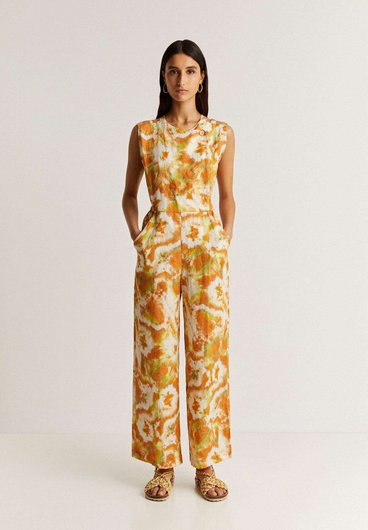 TIE-DYE LINEN JUMPSUIT WITH DOUBLE MULTI-POSITION NECKLINE