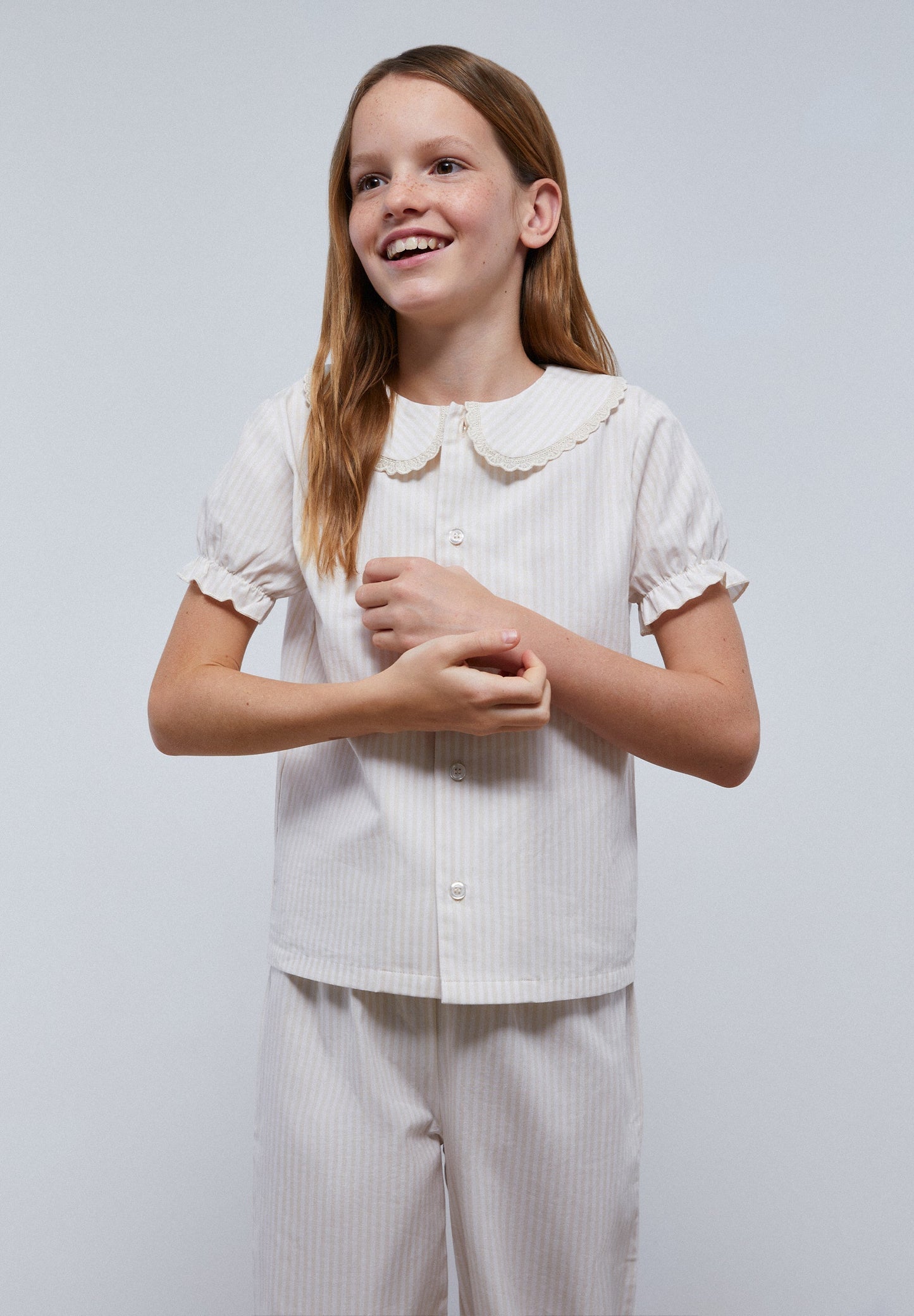 STRIPED PYJAMAS WITH EMBROIDERED COLLAR TRIM