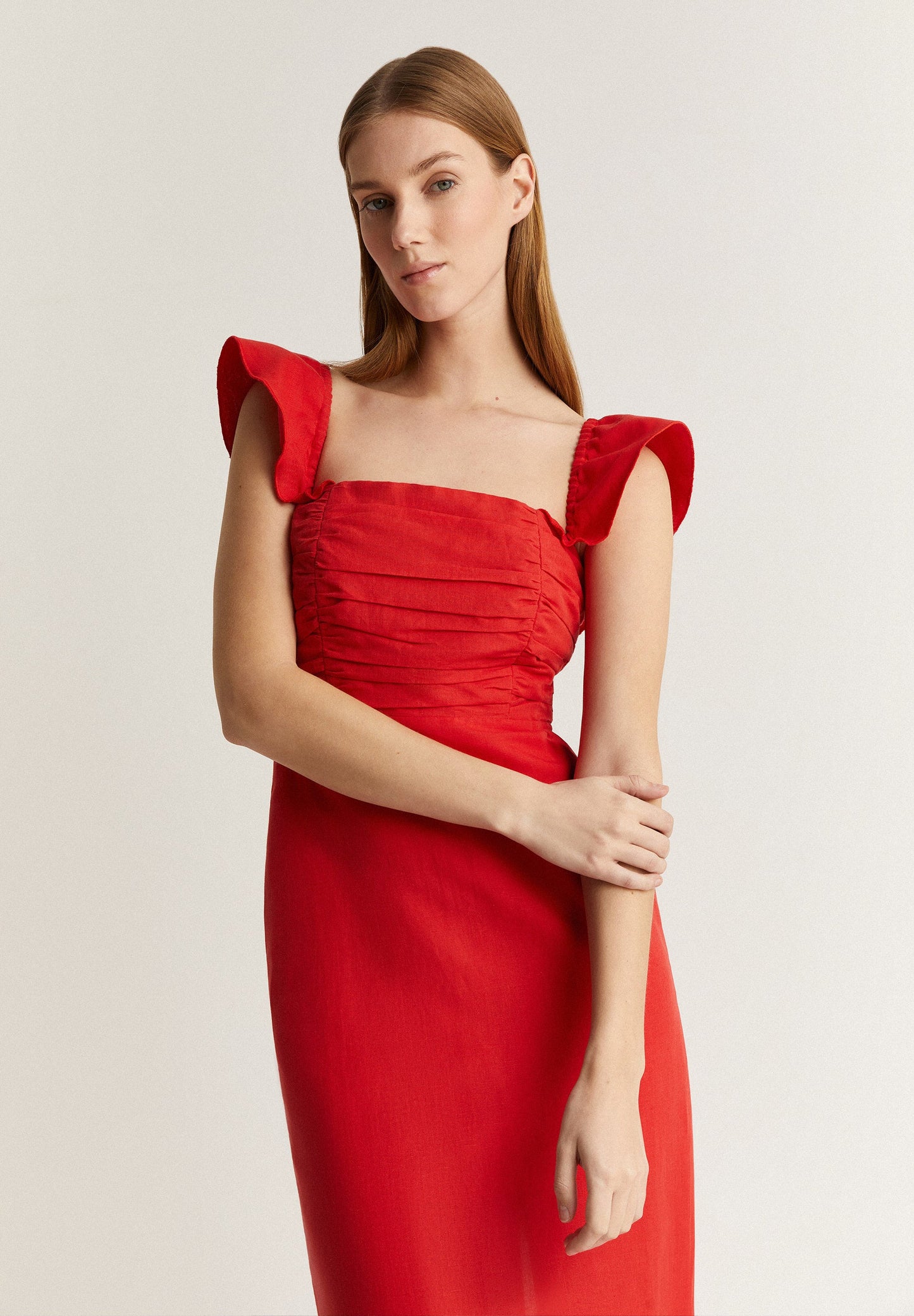 LINEN MIDI DRESS WITH DRAPED CHEST