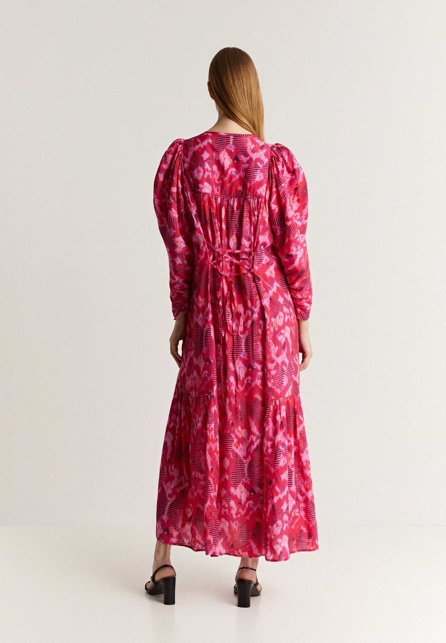 PRINTED MIDI DRESS WITH BACK BOW