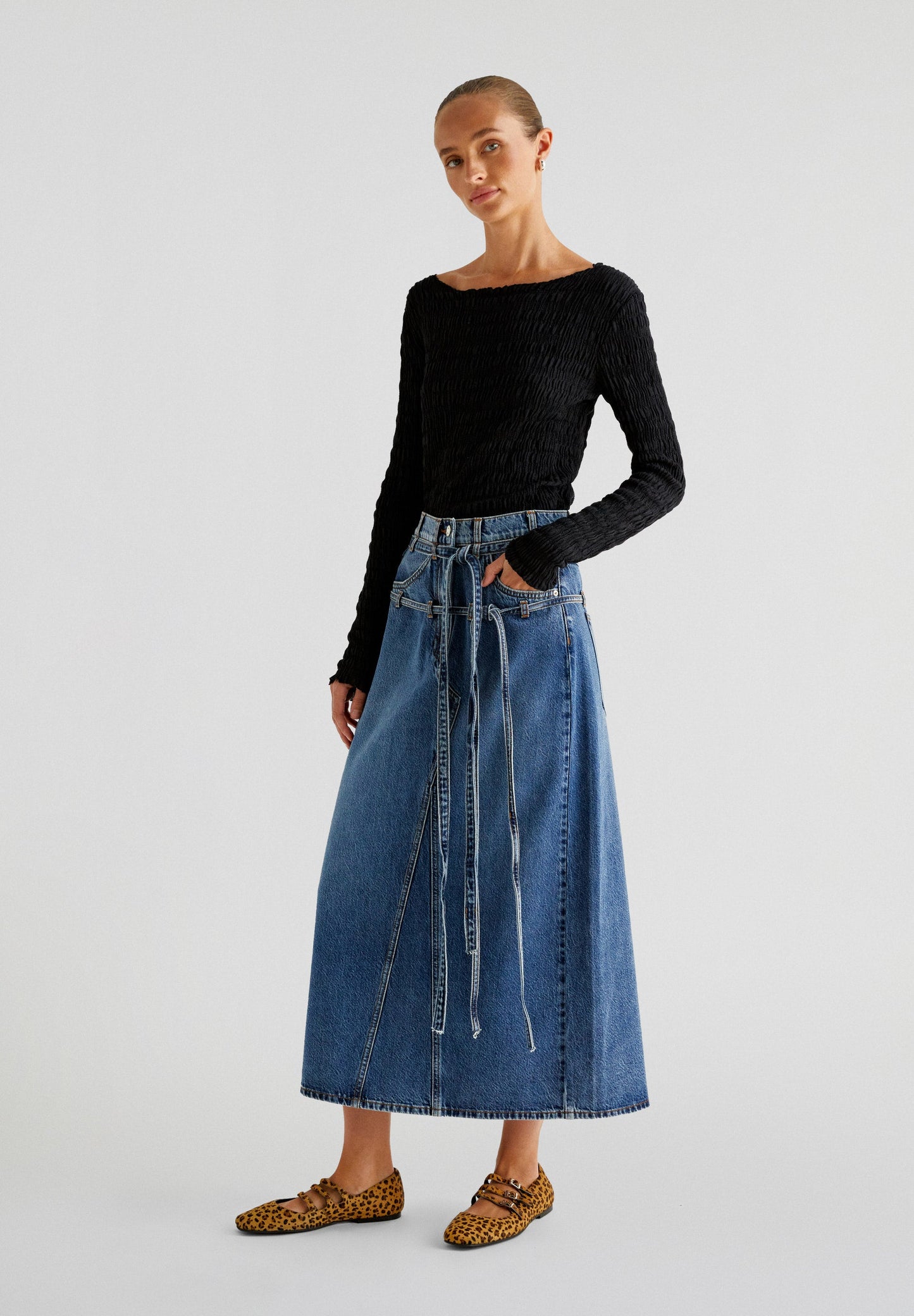 DENIM MIDI SKIRT WITH BOWS