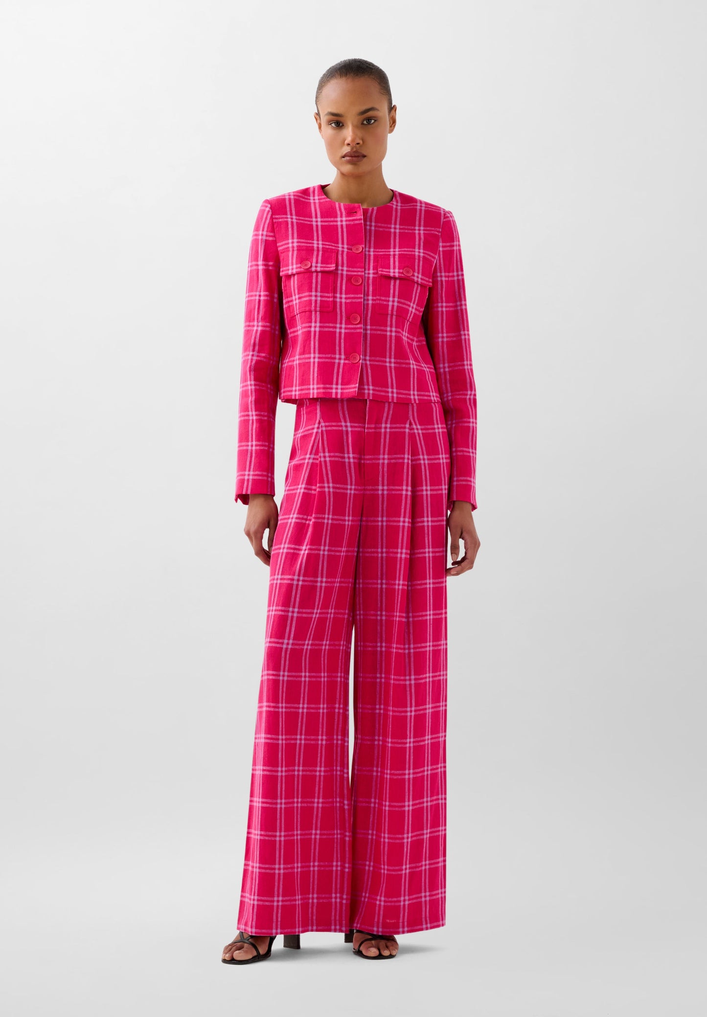 CHECKED LINEN TROUSERS WITH DARTS