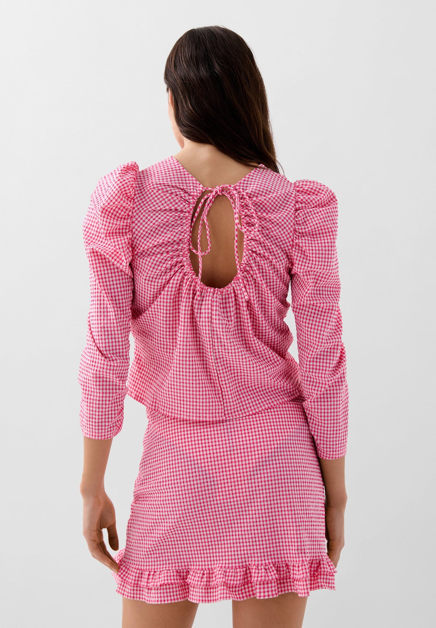GATHERED GINGHAM BLOUSE WITH OPENING