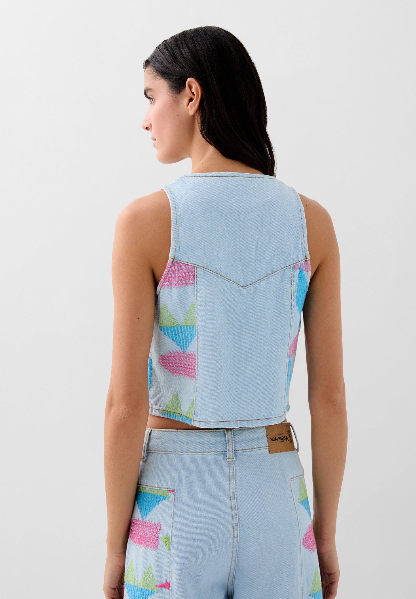 THREE-COLOURED EMBROIDERED DENIM WAISTCOAT