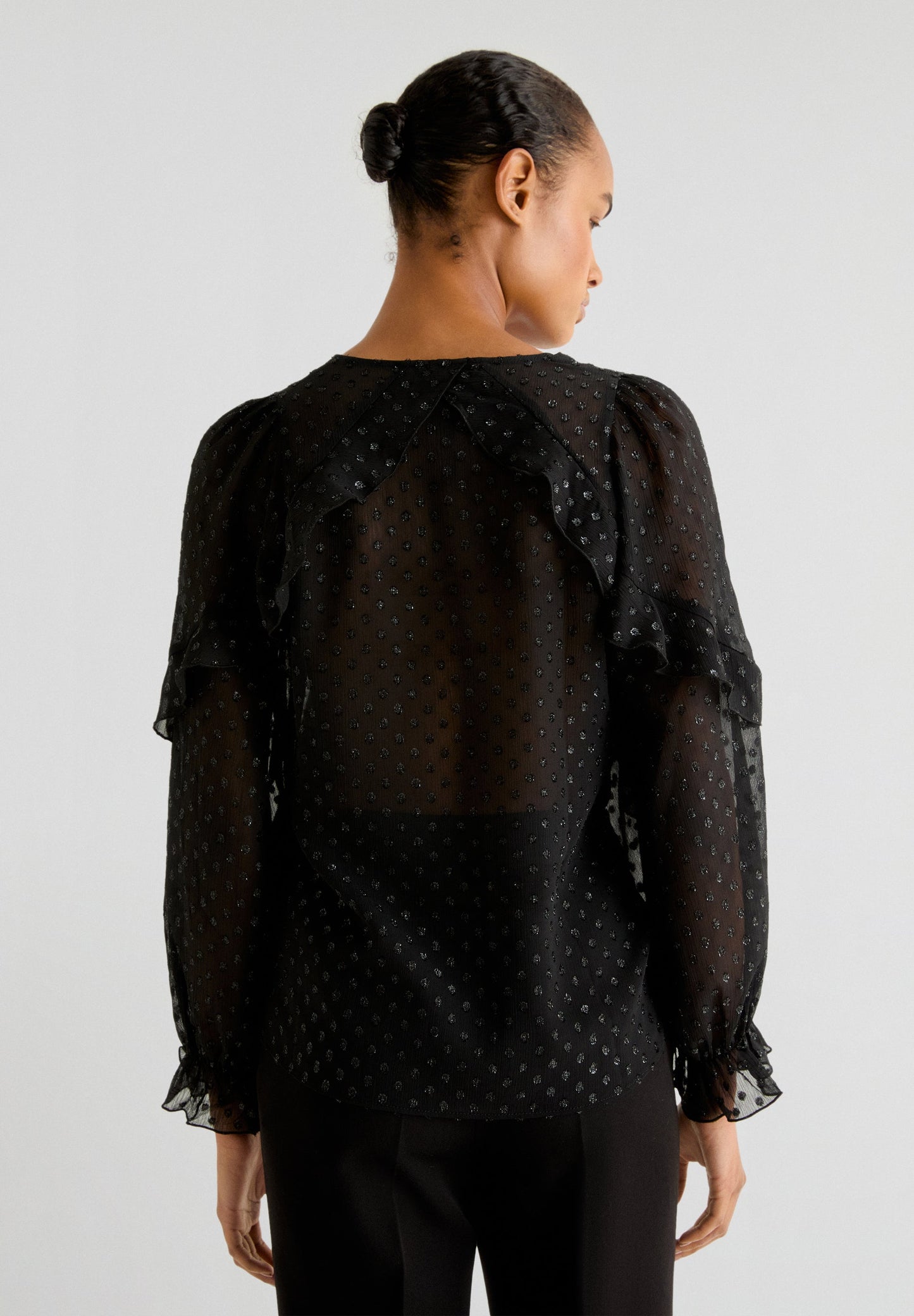 SHIMMERY SEMI-SHEER BLOUSE WITH RUFFLES