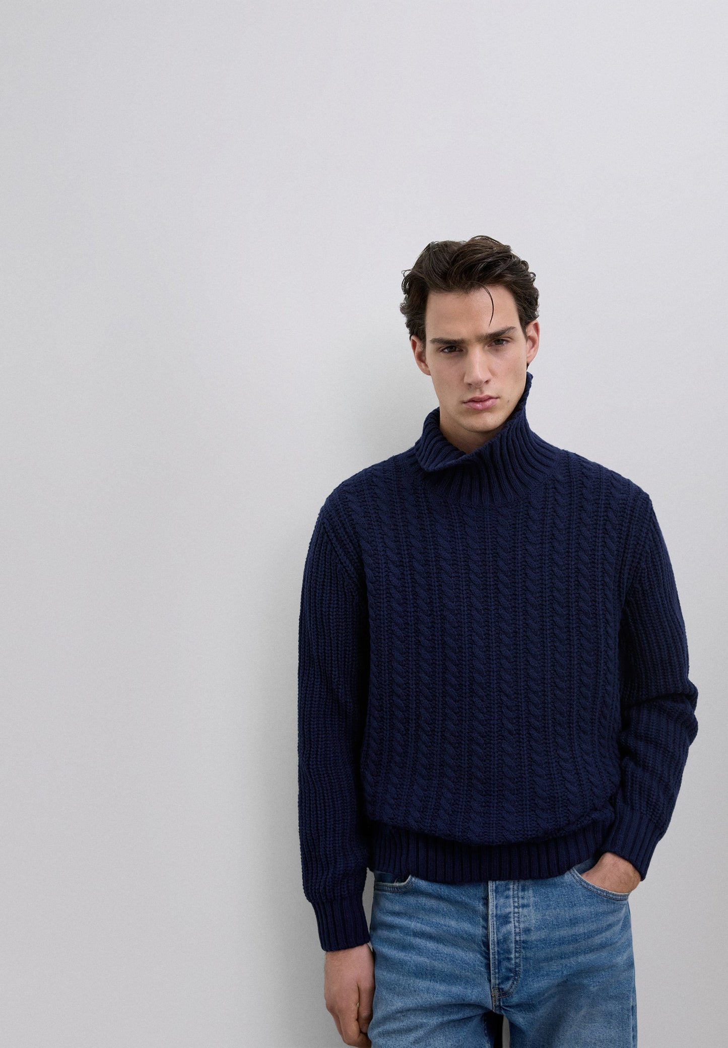 SWEATER WITH BRAIDED HIGH COLLAR