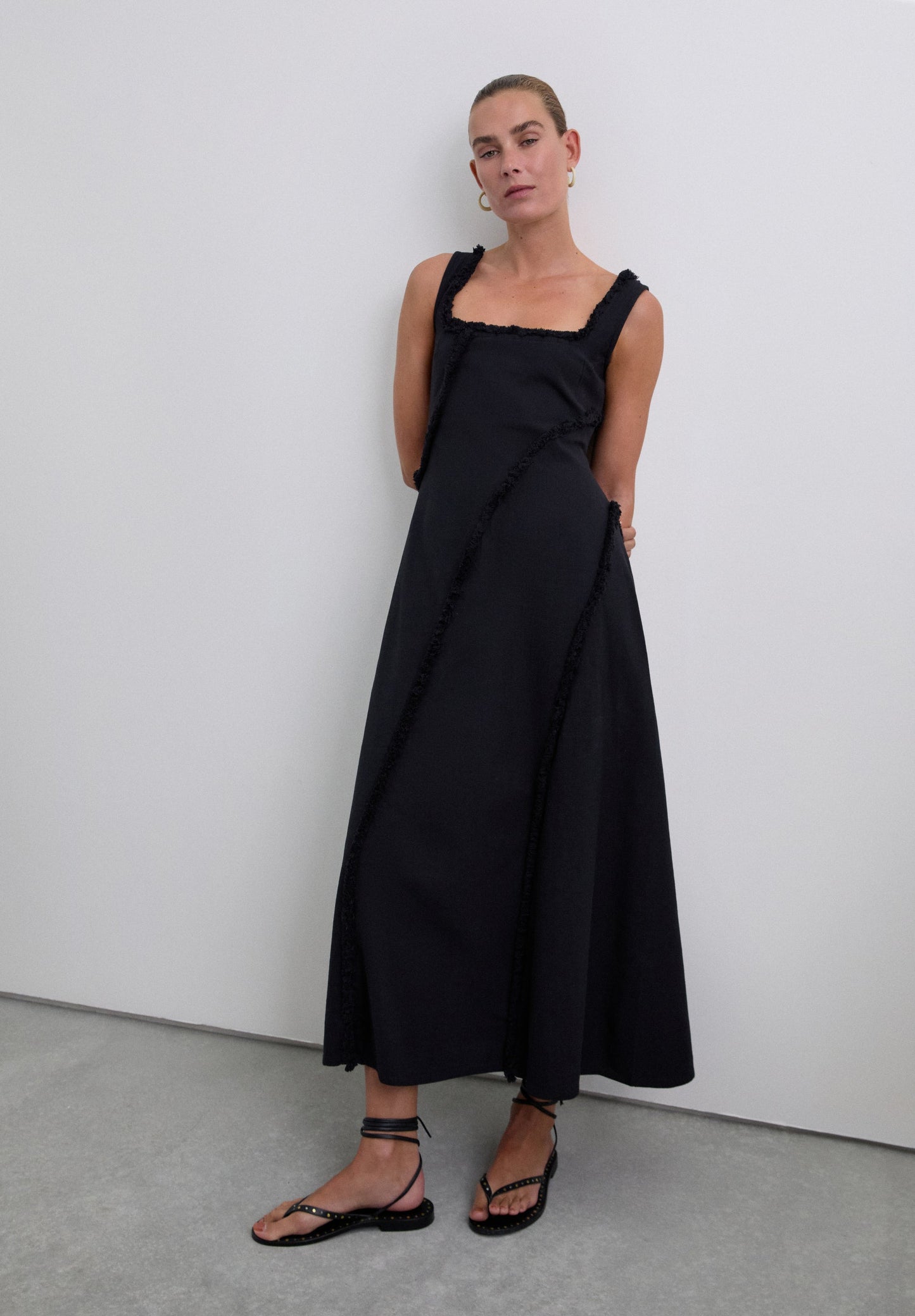 FRINGED DRESS WITH TOPSTITCHING