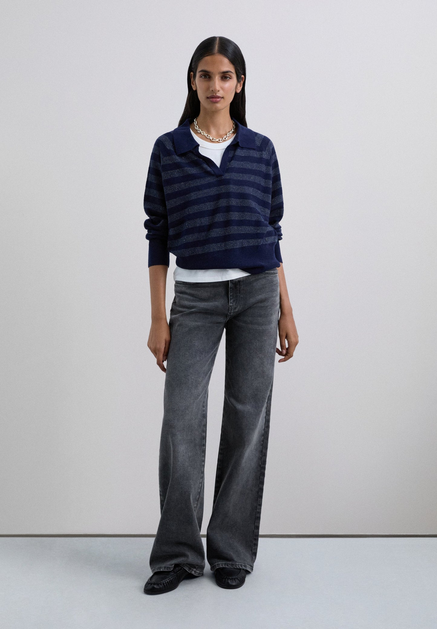 METALLIC STRIPE POLO SWEATER