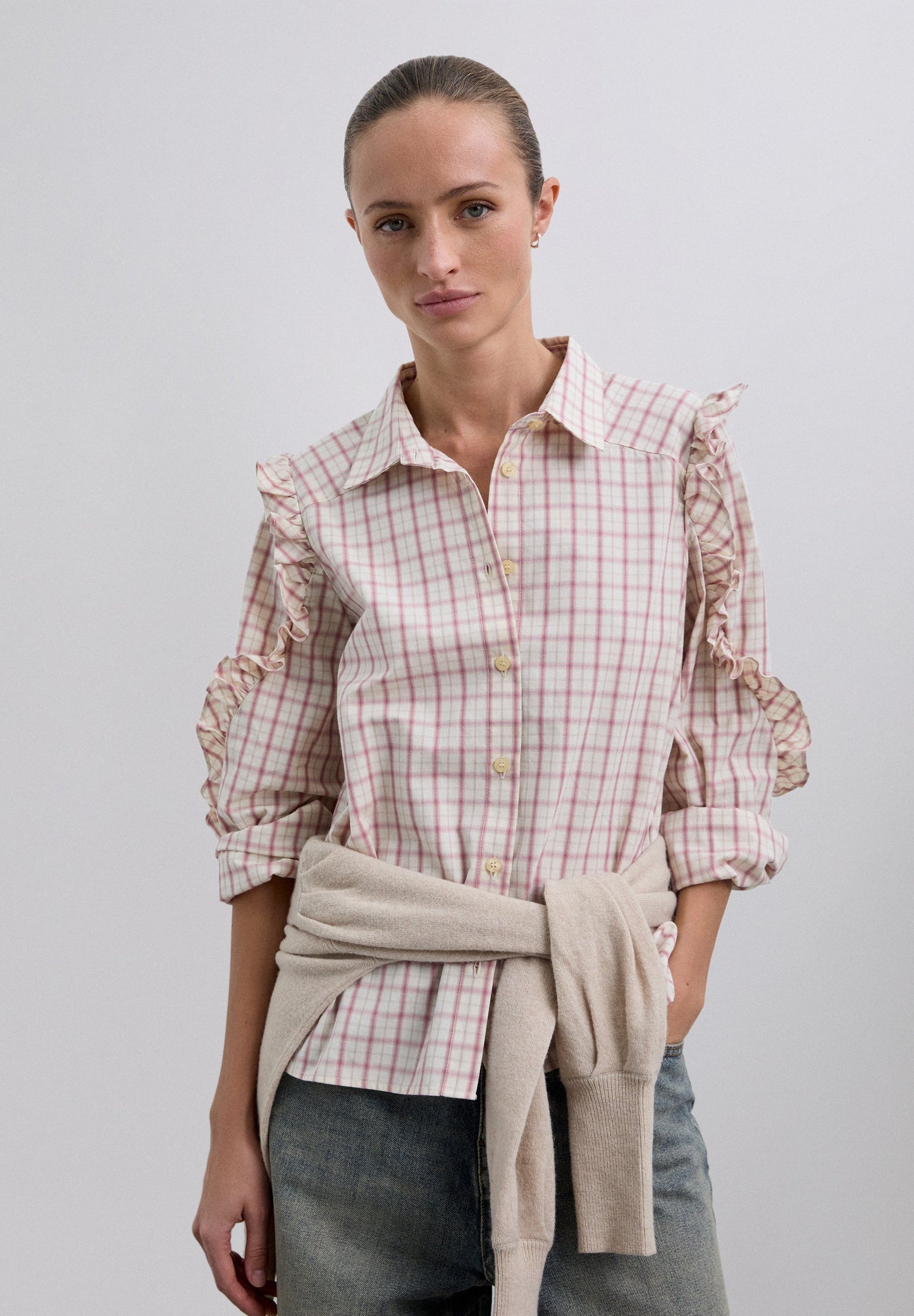 OXFORD CHECK SHIRT WITH GATHERED DETAILS