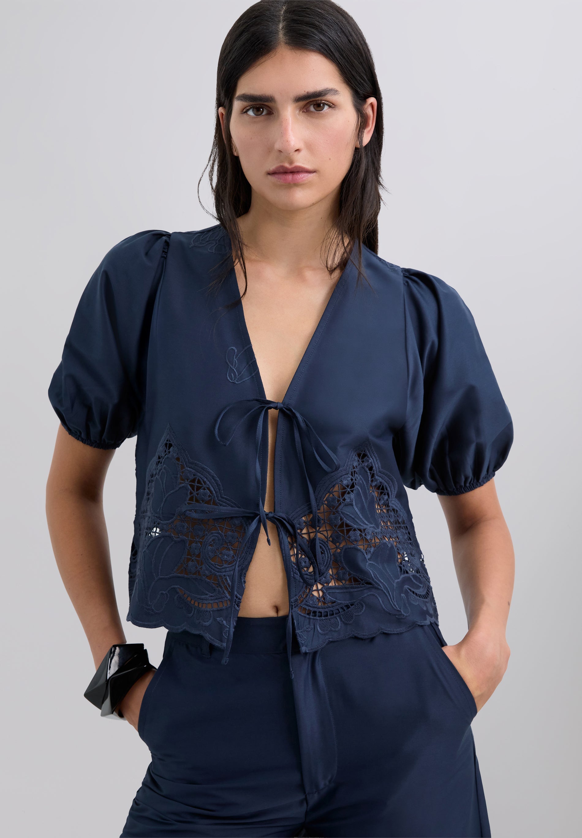 EMBROIDERED TIE BLOUSE