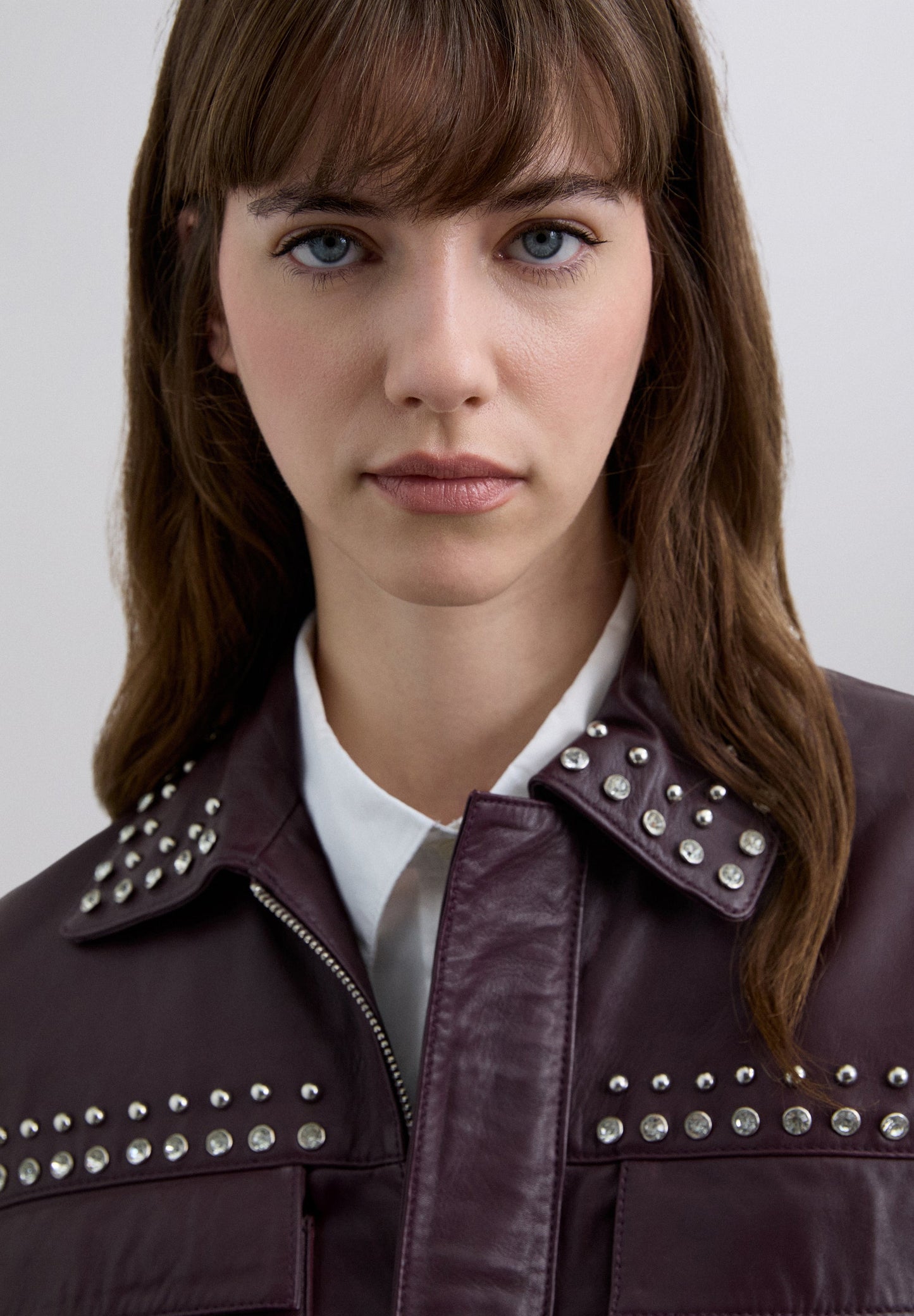 BURGUNDY LEATHER STUDDED JACKET