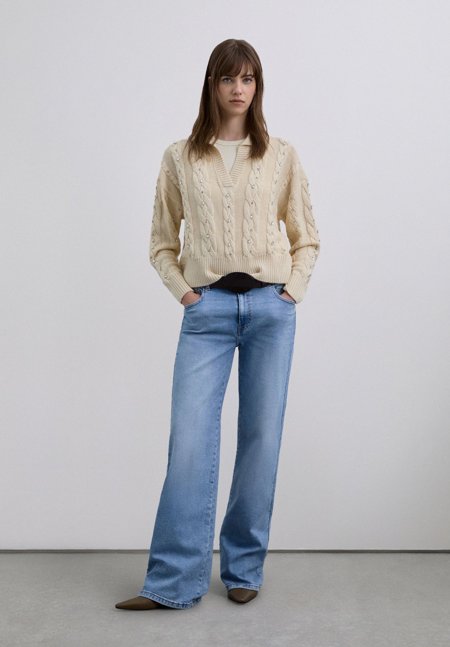 CABLE KNIT POLO SWEATER WITH RHINESTONES