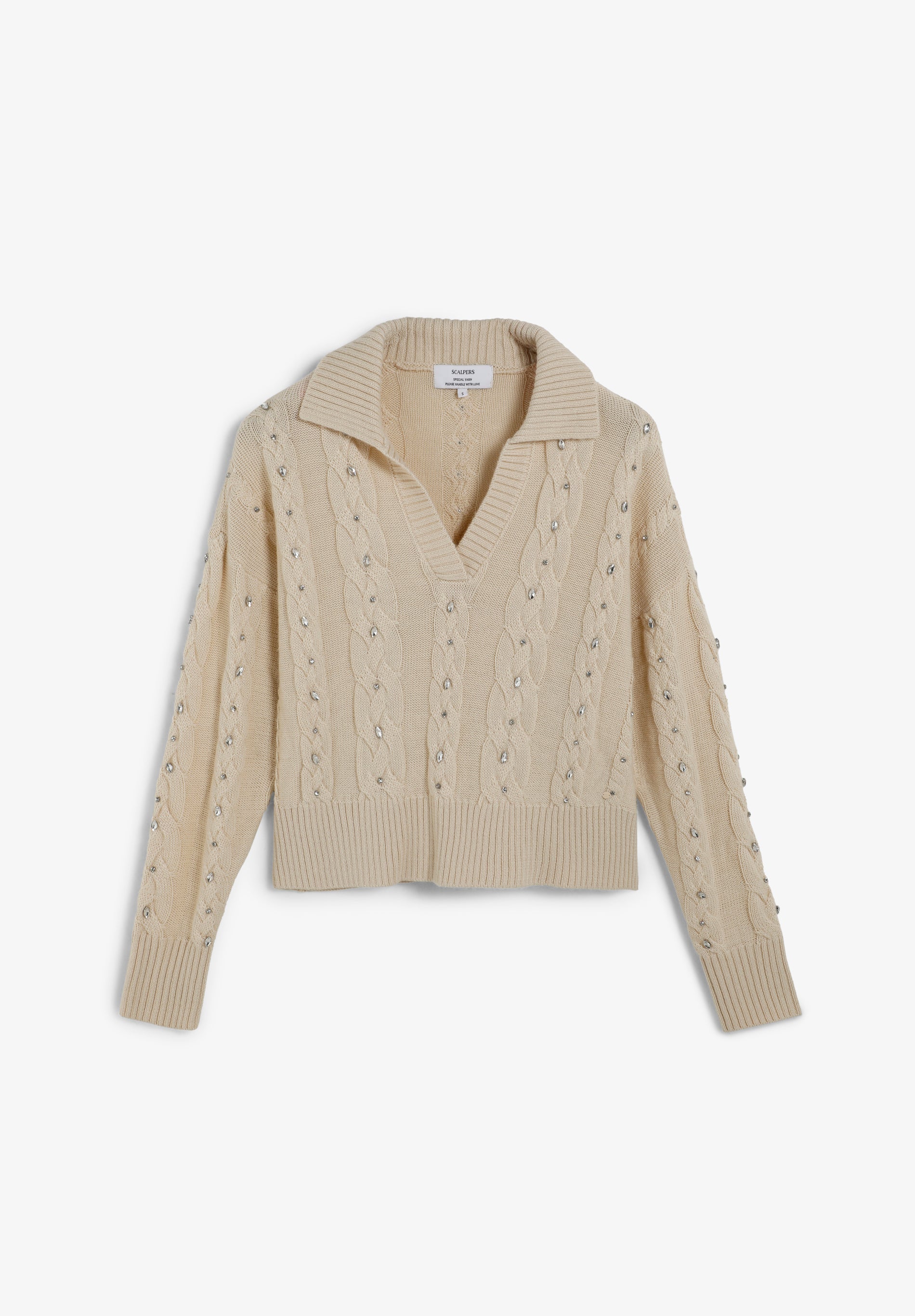 CABLE KNIT POLO SWEATER WITH RHINESTONES